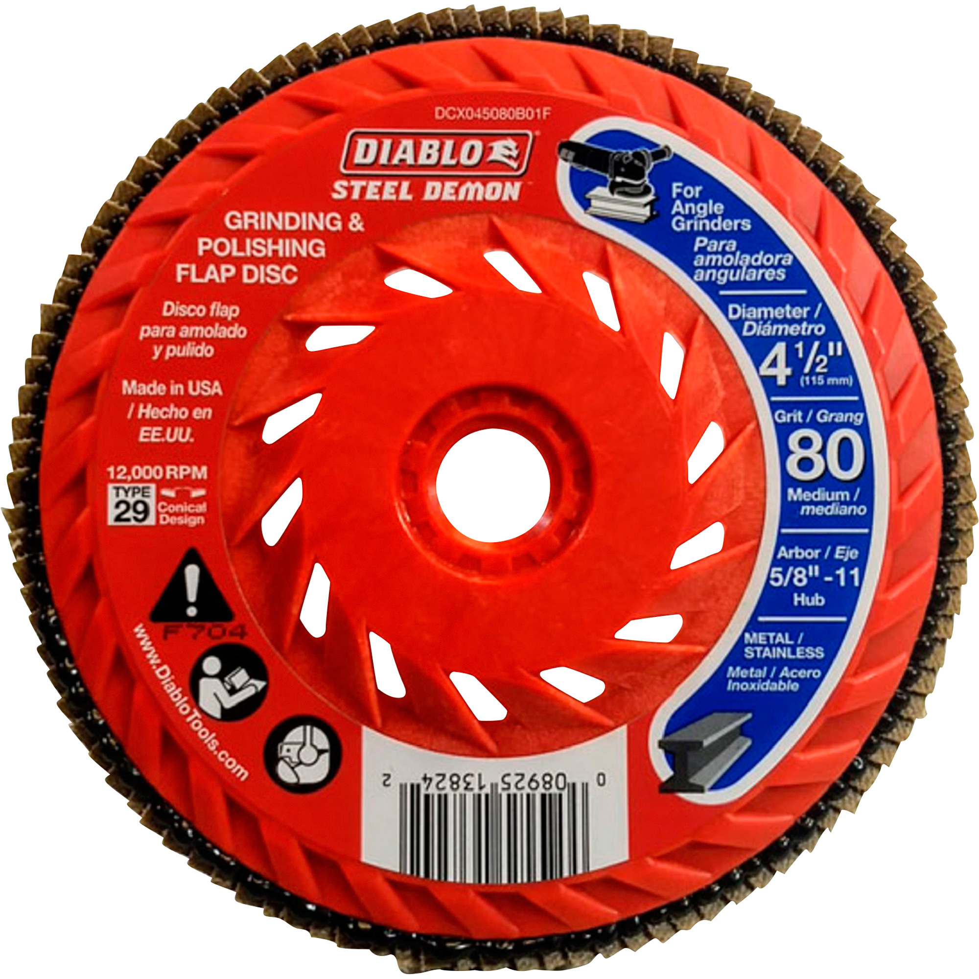 Diablo Speed Demon Flap Disc, 4 1/2Inch, 80 Grit Conical, Speed Hub, Model DCX045080B01F