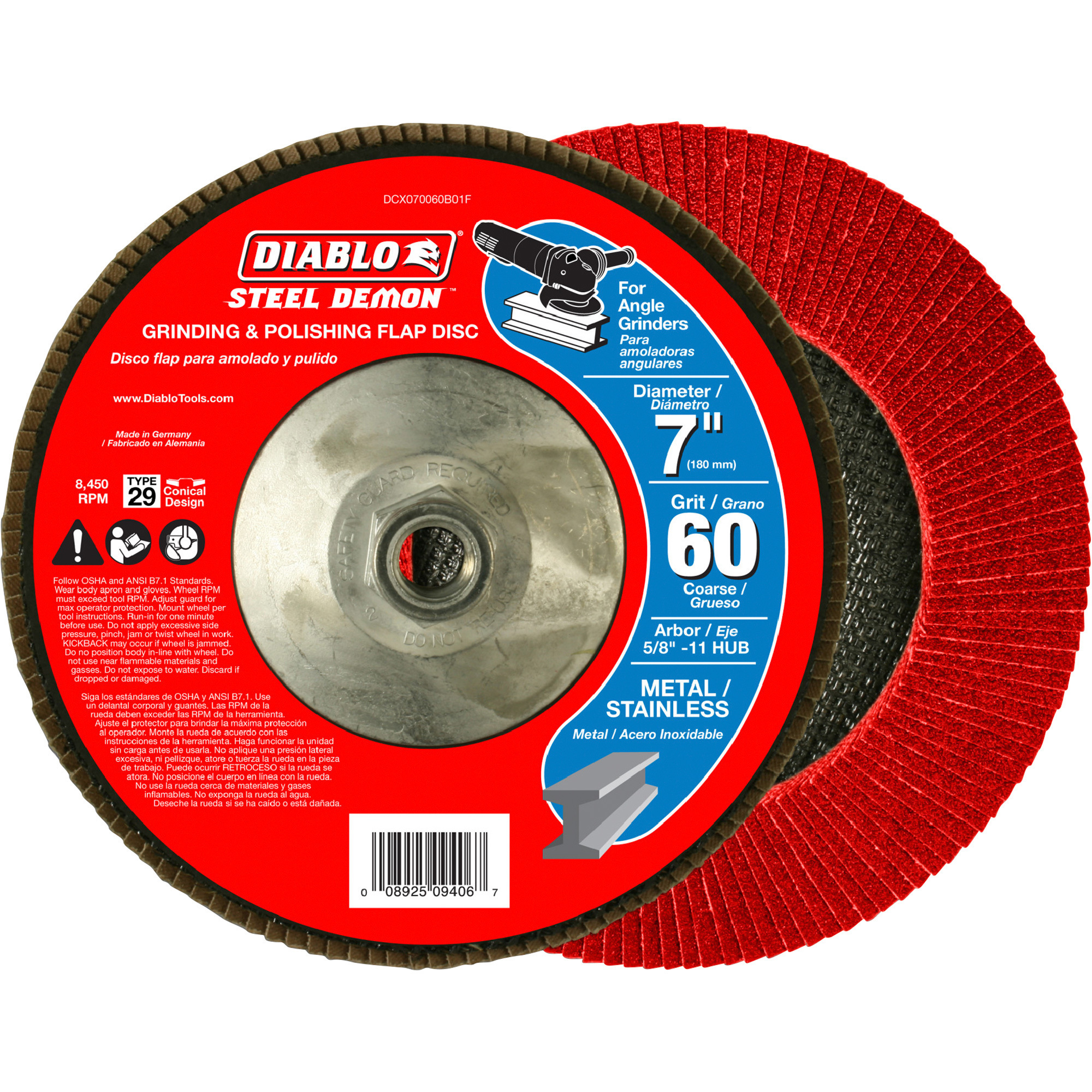 Diablo Speed Demon Flap Disc, 7Inch, 60 Grit Conical, With Hub, Model DCX070060B01F