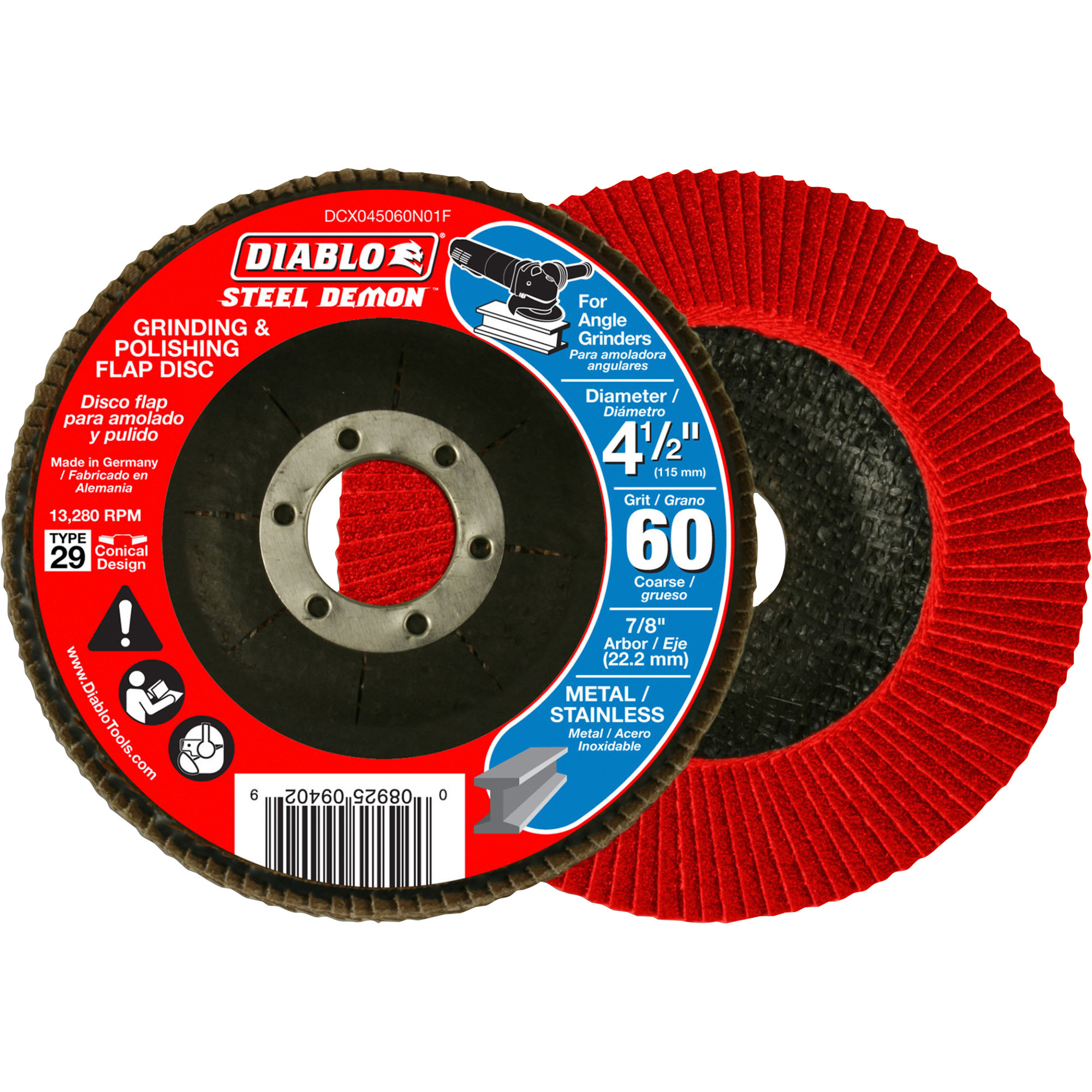 Diablo Steel Demon Flap Disc, 5-Pack, 4 1/2Inch, 60 Grit Conical, No Hub, Model DCX045060N05F