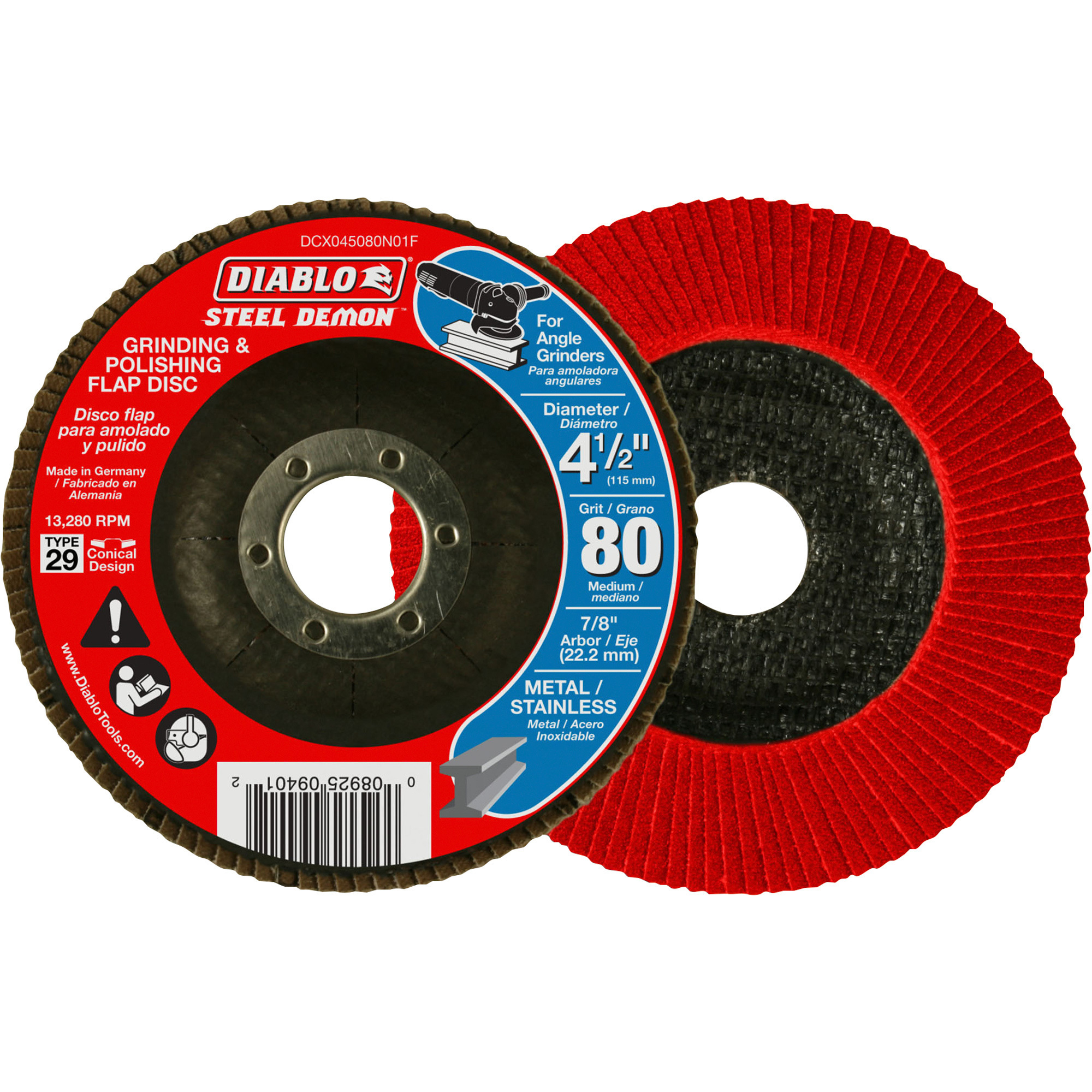 Diablo Steel Demon Flap Disc, 5-Pack, 4 1/2Inch, 80 Grit Conical, No Hub, Model DCX045080N05F