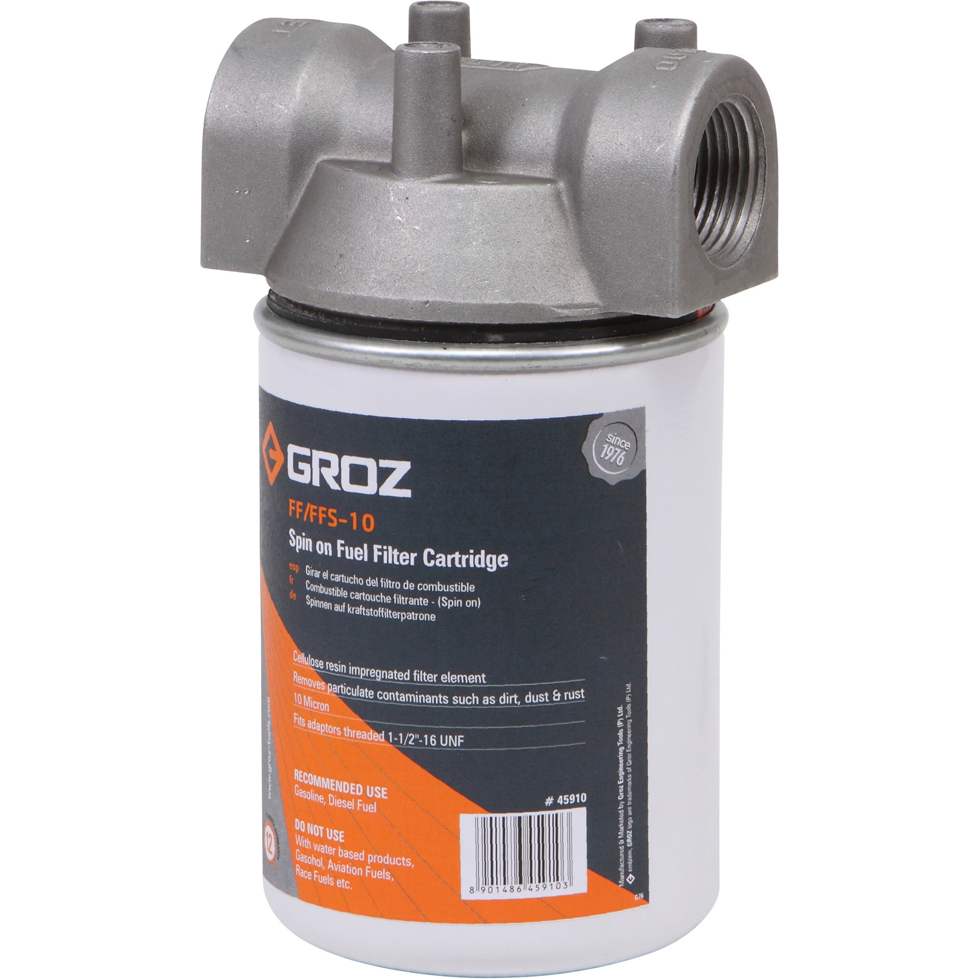 GROZ Fuel Filter with Spin On Cartridge, 10 Micron, 20 GPM, 3/4Inch NPT Thread, Model FFS/10WB/3-4/N