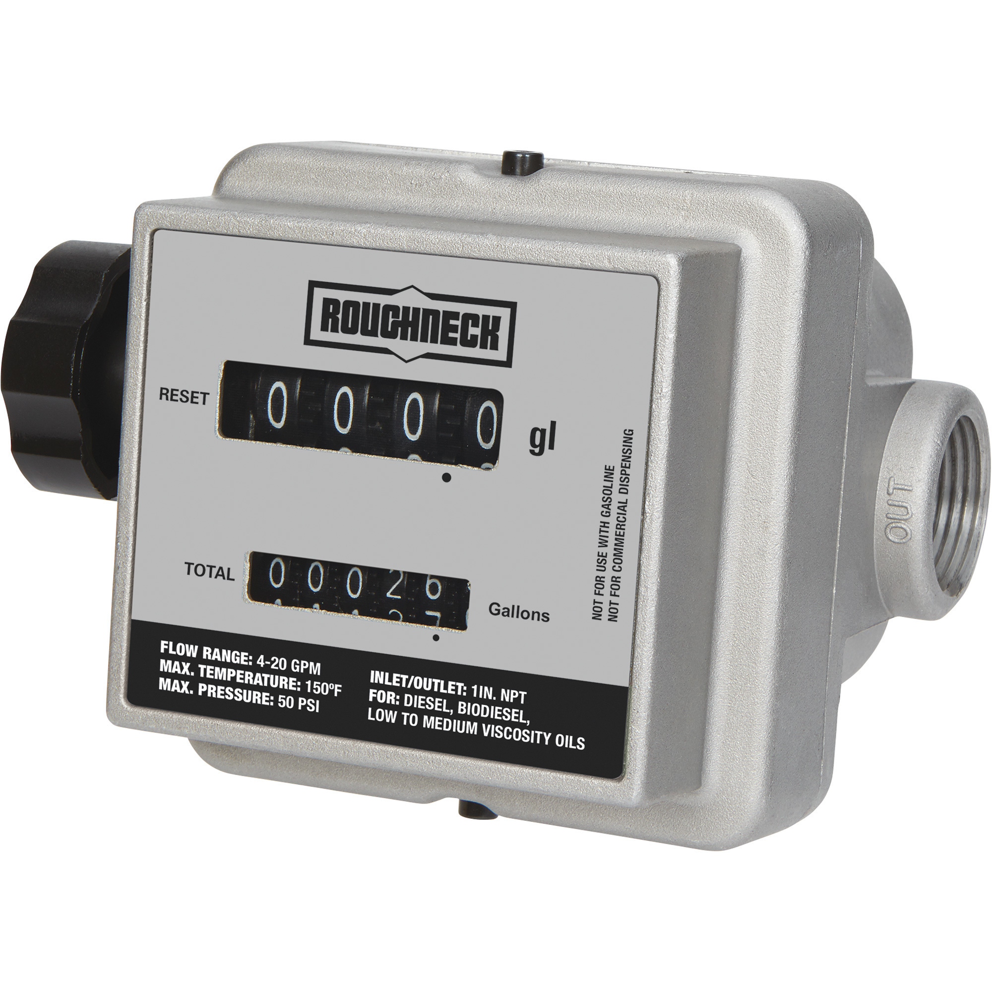 Roughneck Mechanical Fuel Meter, 4-20 GPM, 1Inch Inlet/Outlet