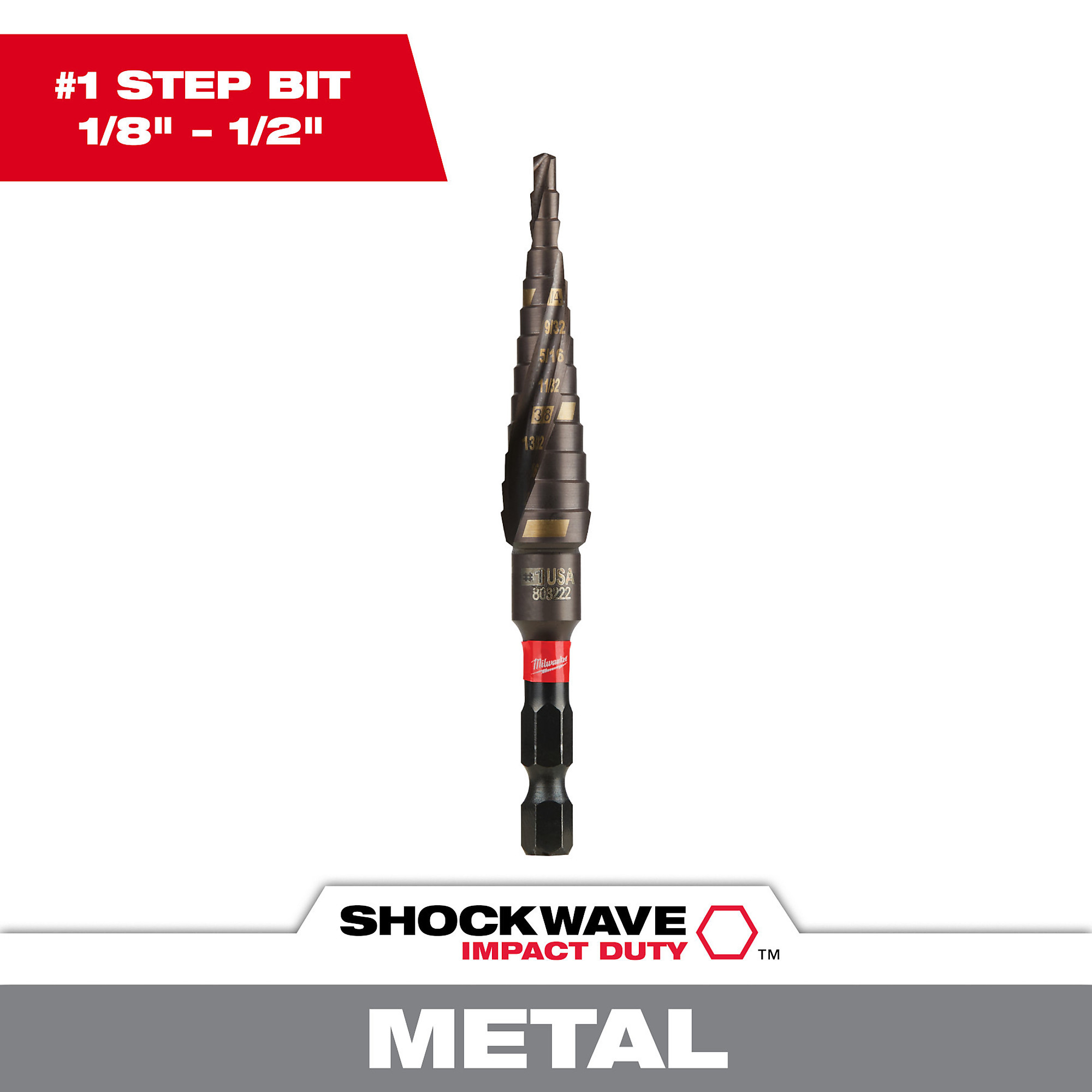 Milwaukee Shockwave Step Drill Bit, #1, 1/8Inch-1/2Inch, Model 48-89-9241