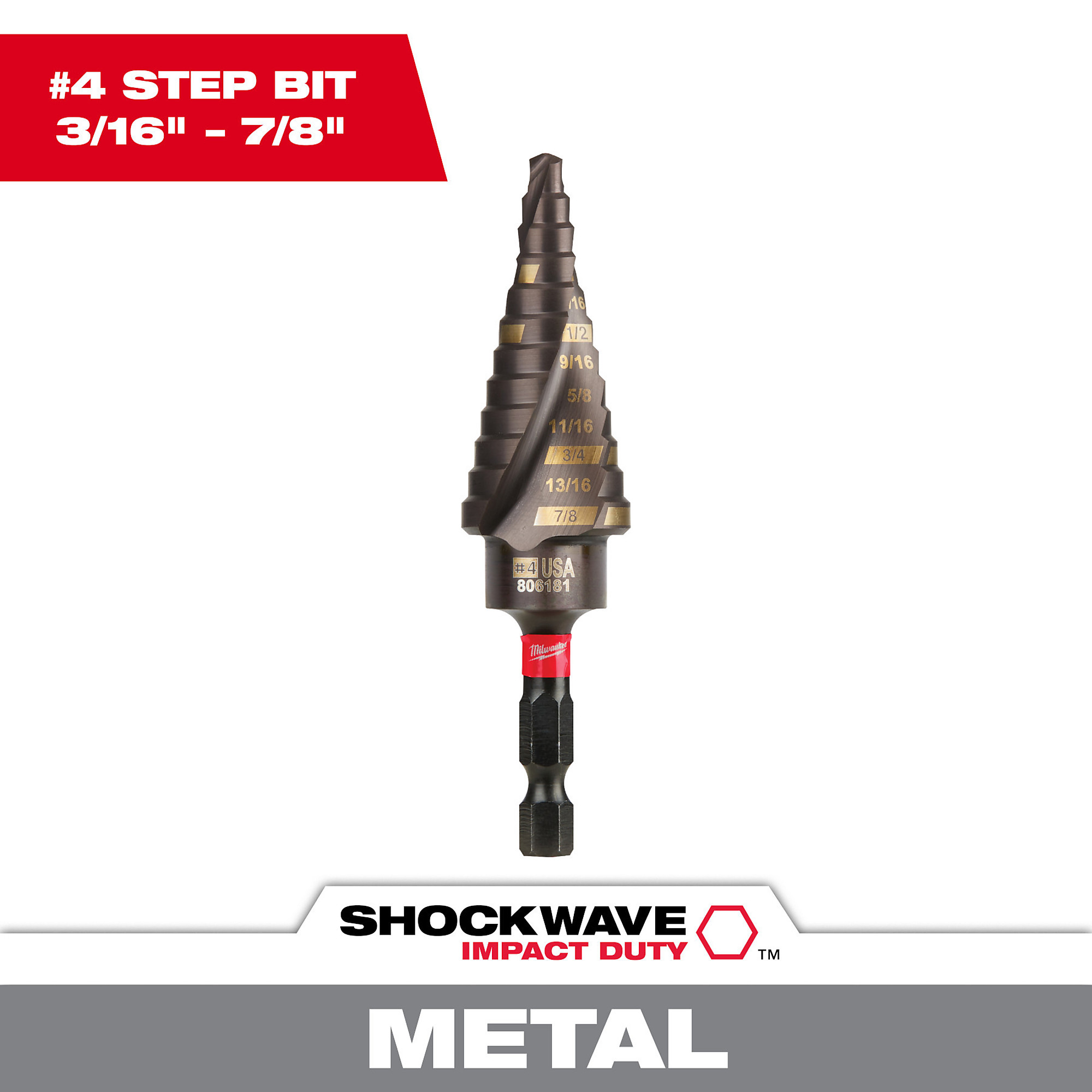 Milwaukee Shockwave Step Drill Bit, #4, 3/16Inch-7/8Inch, Model 48-89-9244