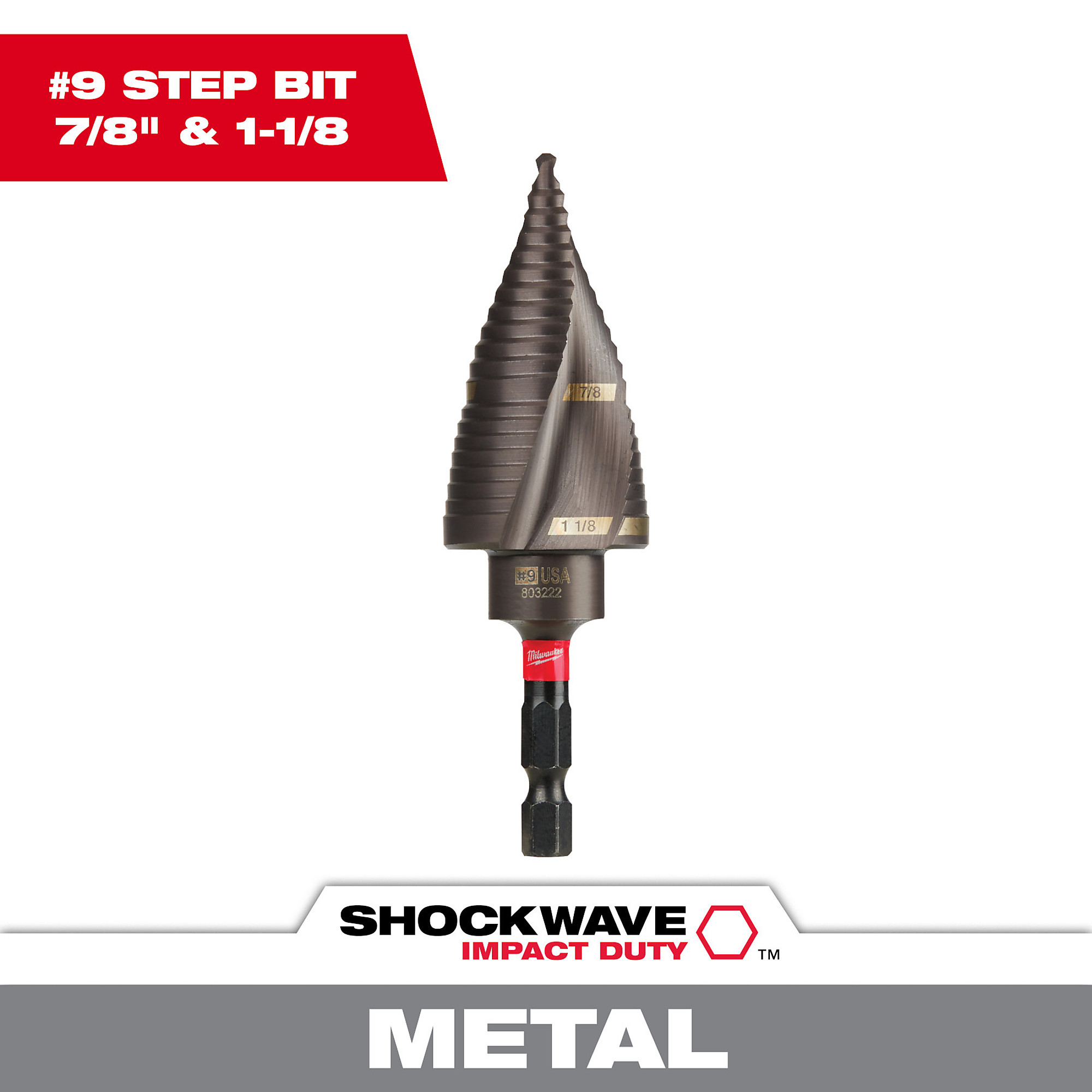 Milwaukee Shockwave Step Drill Bit, #9, 7/8Inch-1 1/8Inch, Model 48-89-9249