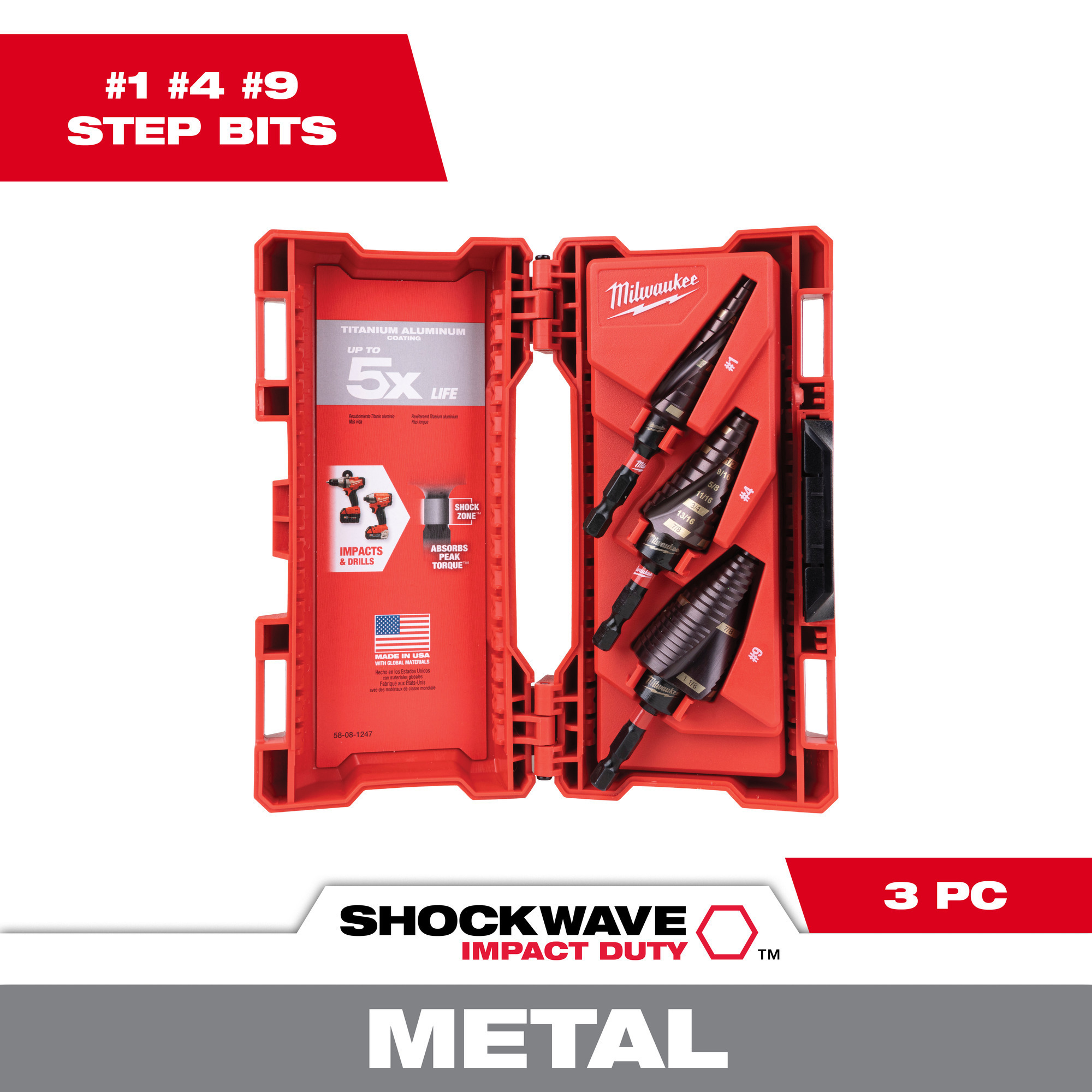 Milwaukee Shockwave Step Drill Bit Set, 3-Piece, #1, 1/8Inch-1/2Inch, #2, 3/16Inch-1/2Inch, #4, 3/16Inch-7/8Inch, Model 48-89-9254