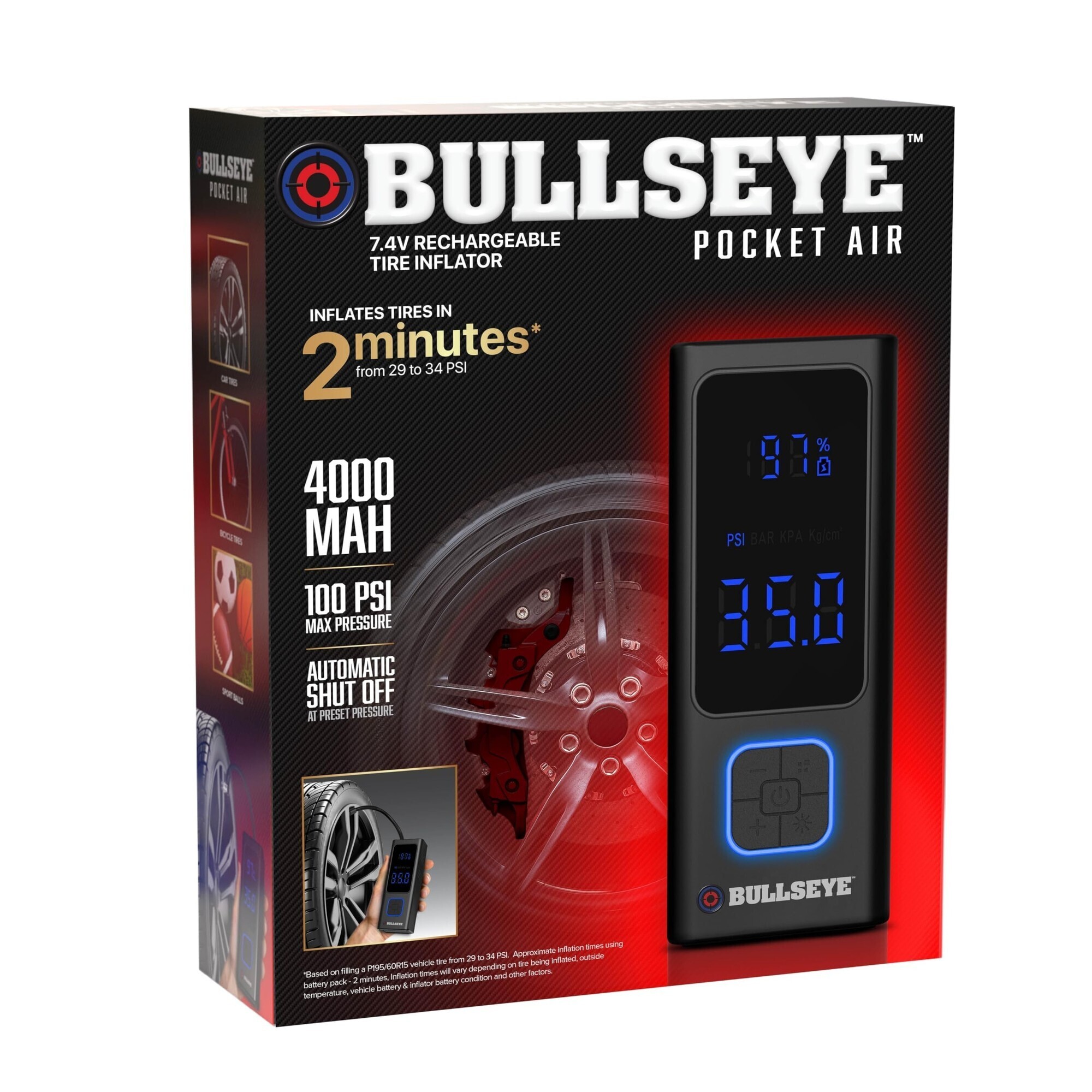POCKET AIR Tire Inflator Portable Air Compressor by BULLSEYE for Tires ...