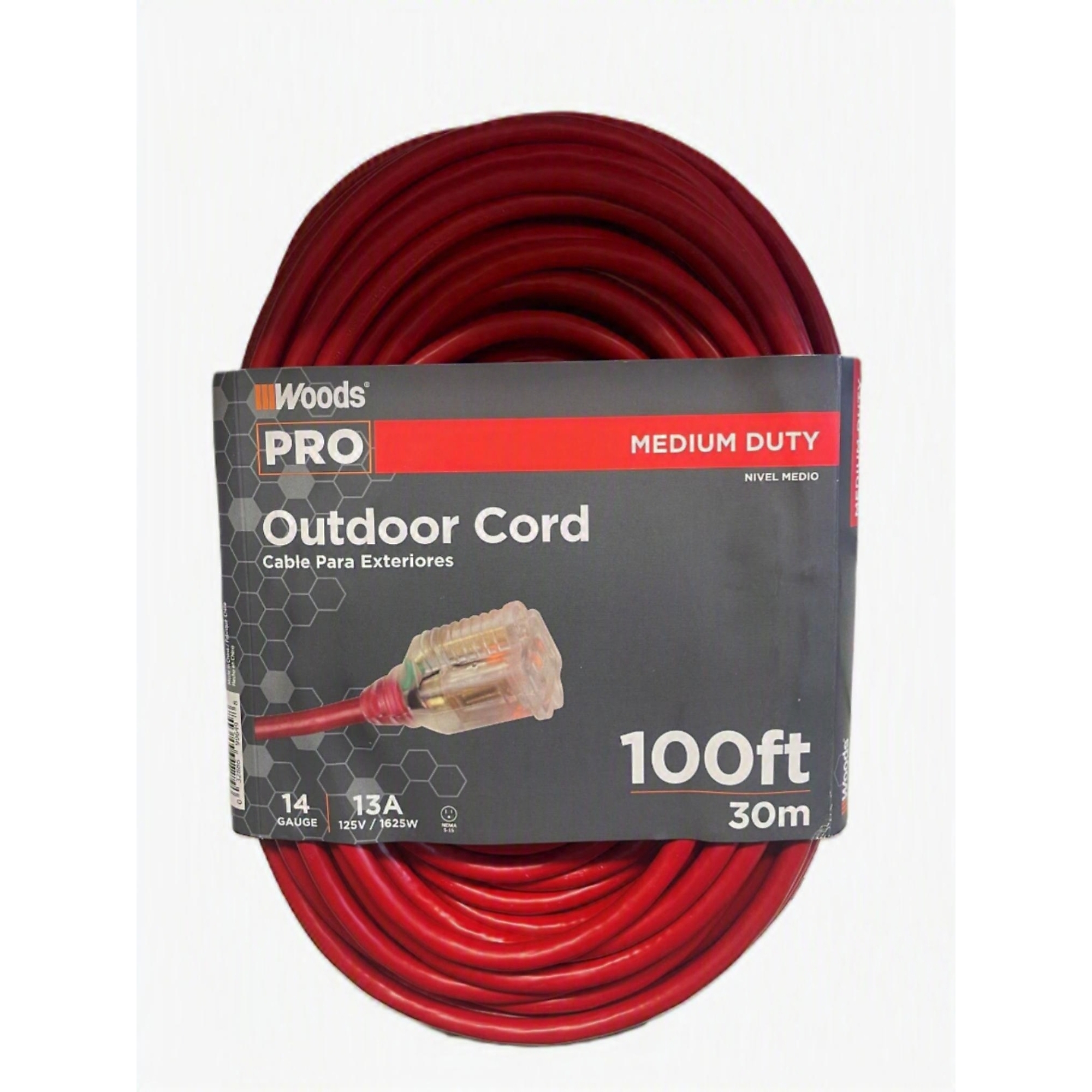 Woods 100 ft Outdoor Extension Cord 14/3 Heavy-Duty Power Cord with Lighted Ends – UL Listed, Weather-Resistant Medium Duty Extension Cable for Lawn, Garden & Jobsite Use, Model #64821801