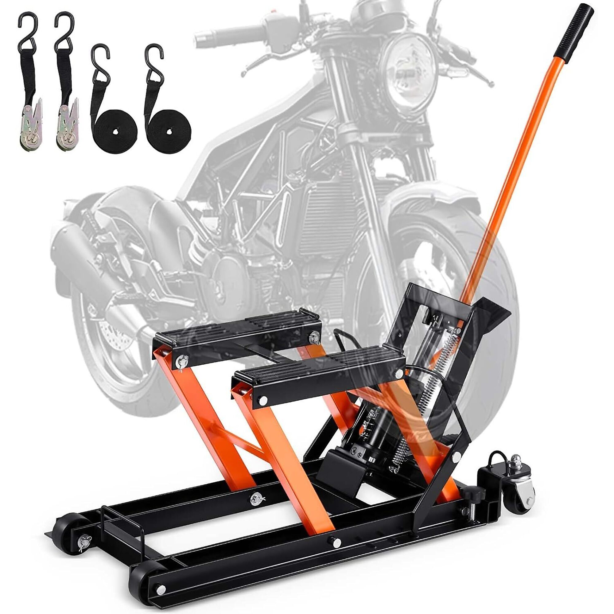 VEVOR Hydraulic Motorcycle Lift Jack, 1500 lbs. Capacity ATV Motorcycle Scissor Lift Table, 4.7" to 15" Lift Range, Foot-Operated Hydraulic Hoist with 4 Wheels, Safety Lock & Tie-Down Straps for Motorcycle, ATV, UTV, Model #MTCSJJ