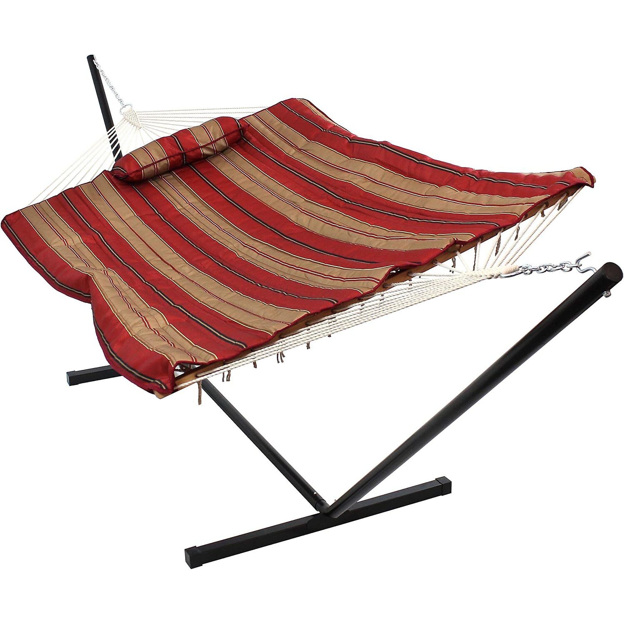 Sunnydaze Rope Hammock with 12ft Stand for Outside, 450 lb Capacity | Heavy Duty Freestanding Portable Outdoor Hammock Set with Quilted Pad, Pillow, and 12 ft Steel Frame, (Awning Stripe)