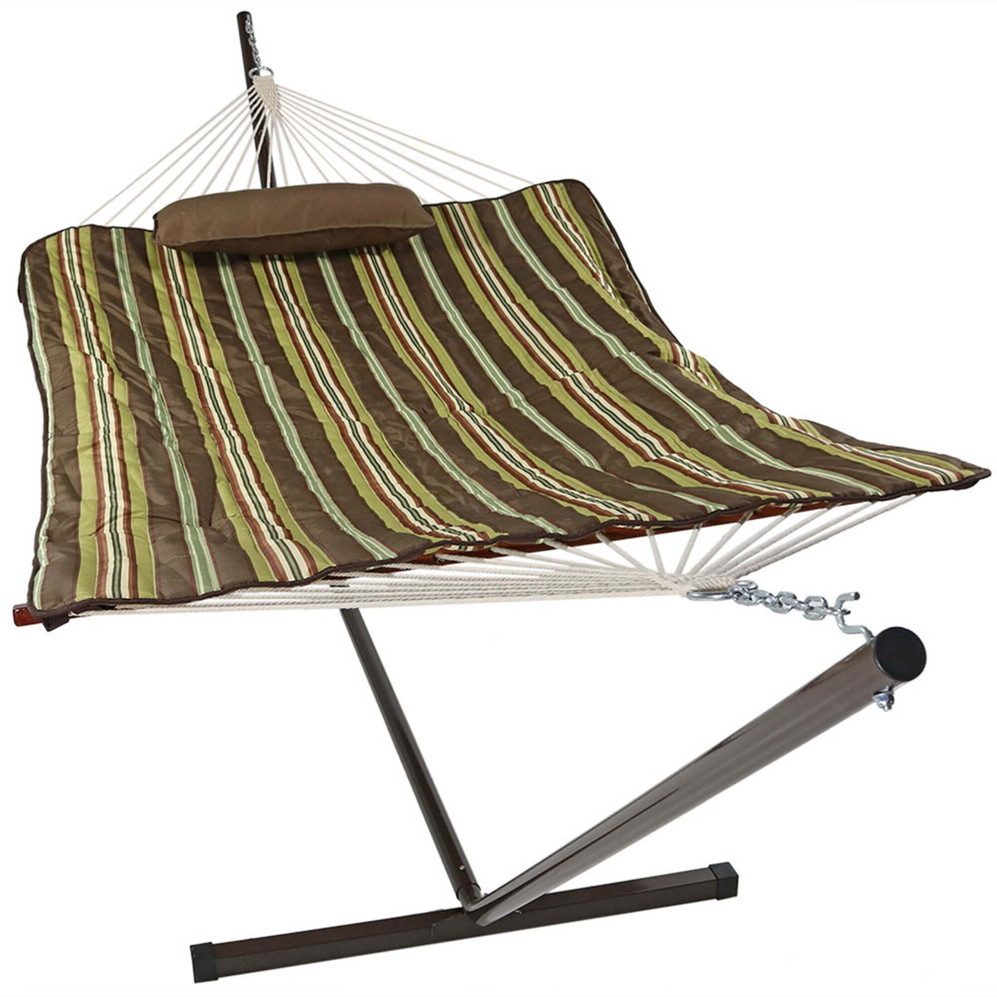 Sunnydaze Rope Hammock with 12ft Stand for Outside, 450 lb Capacity | Heavy Duty Freestanding Portable Outdoor Hammock Set with Quilted Pad, Pillow, and 12 ft Steel Frame, ( Desert Stripe)