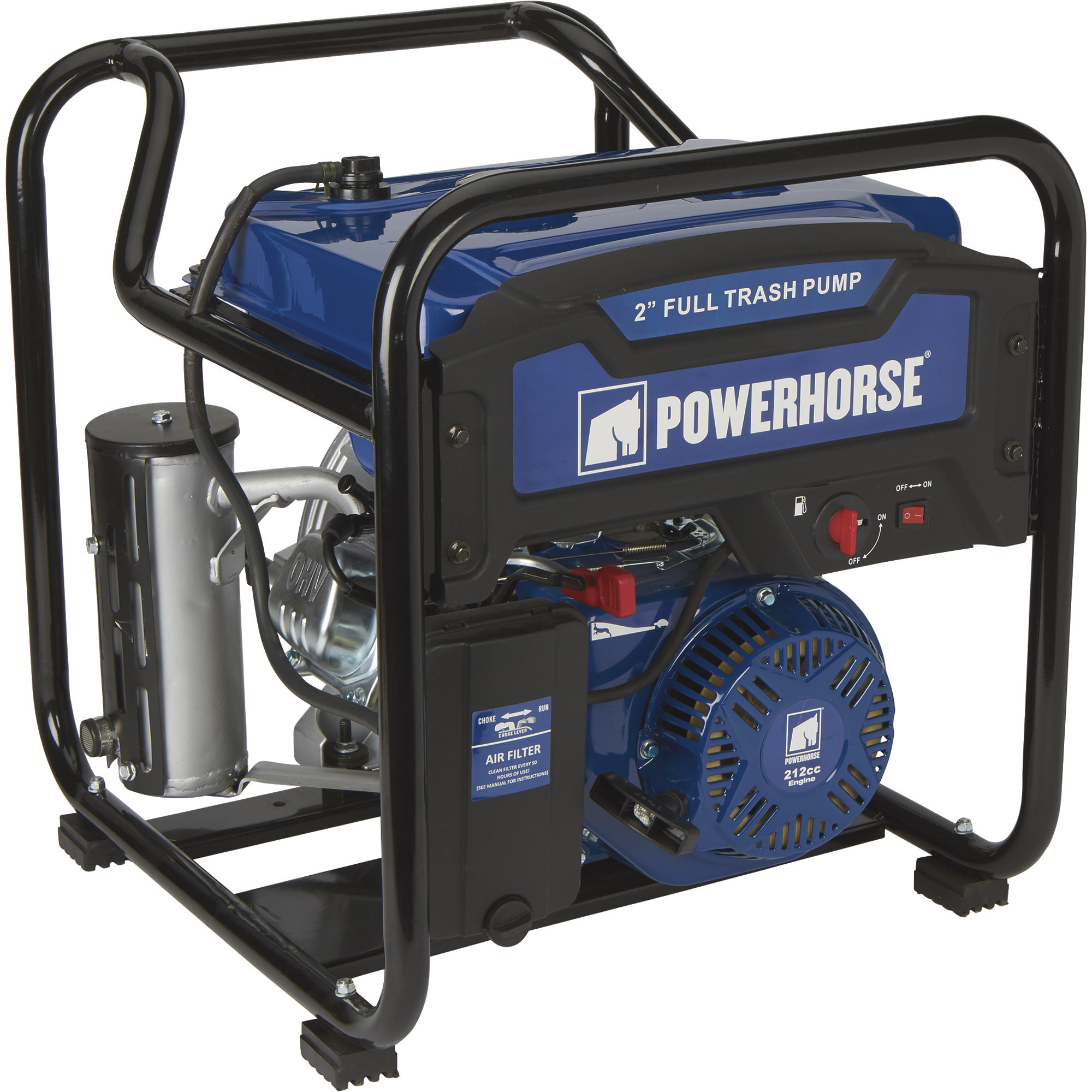 Powerhorse Extended Run Full Trash Pump, 2Inch Ports, 11,000 GPH, 3/4Inch Solids Capacity, 212cc OHV Engine, Model DS20W