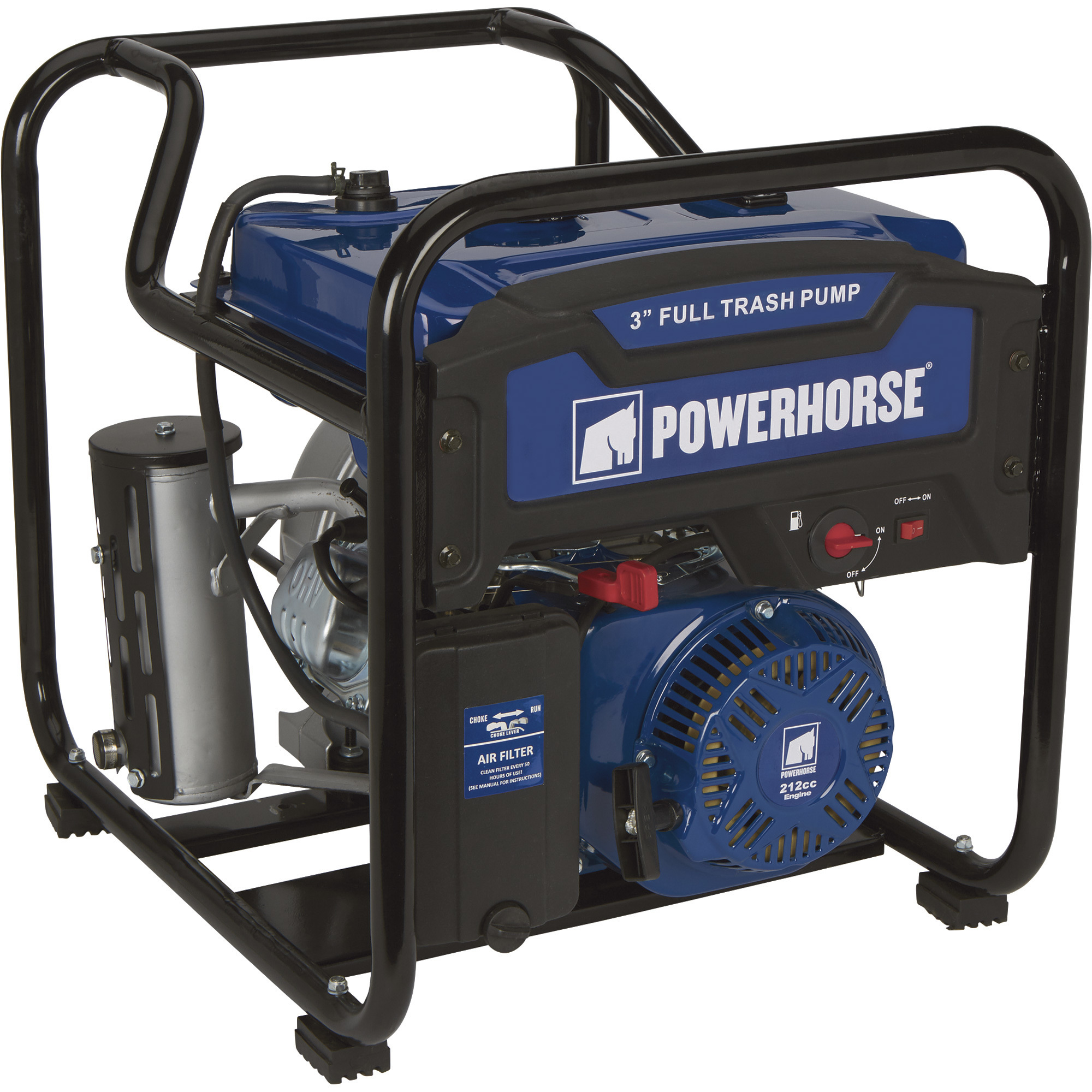 Powerhorse Extended Run Full-Trash Pump, 3Inch Ports, 11,820 GPH, 1 1/8Inch Solids Capacity, 212cc OHV Engine, Model DS30W