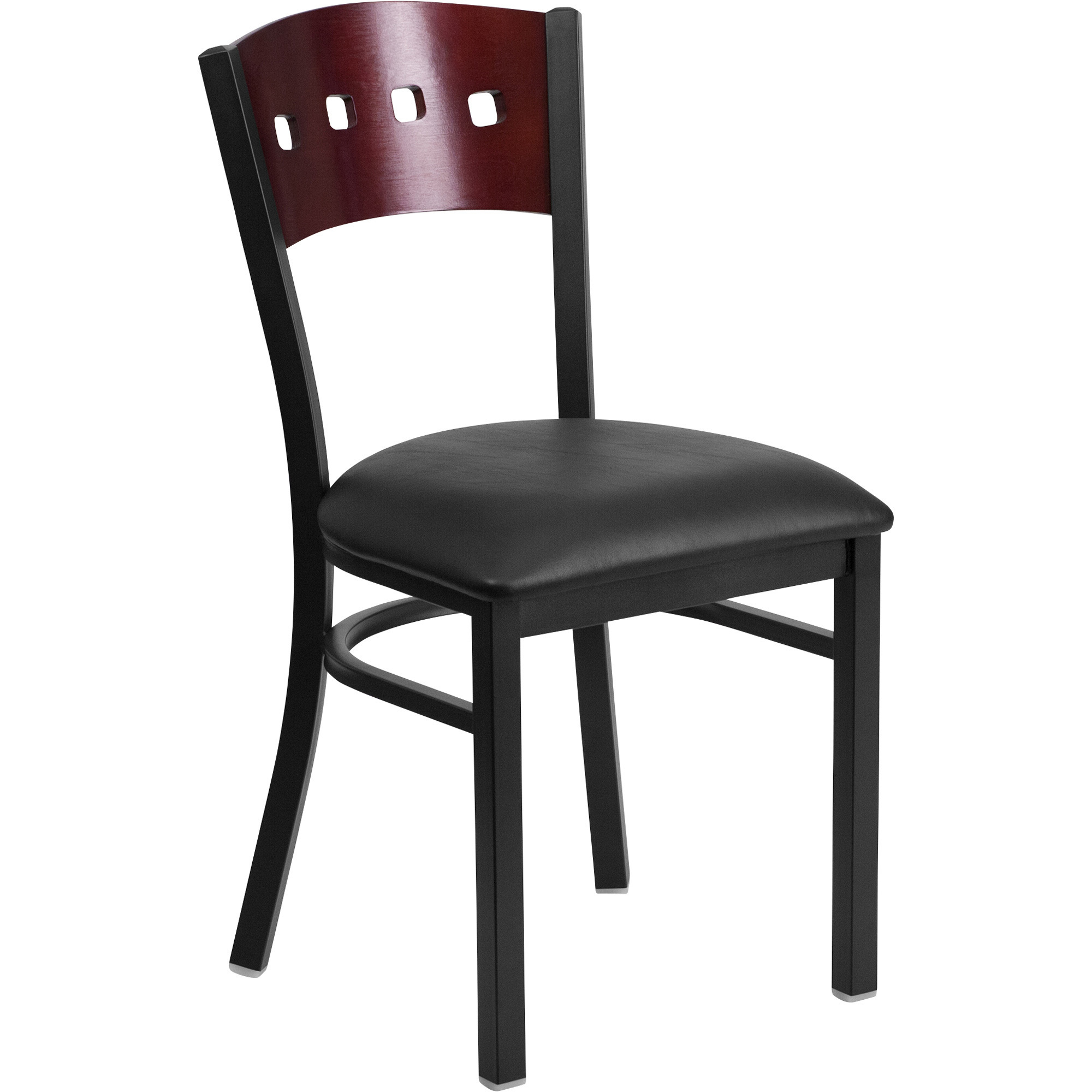 Flash Furniture Black Metal Restaurant Chair with 4 Square Back â Mahogany Wood Back/Black Vinyl Seat, Model XUDG6Y1BMAHBKV