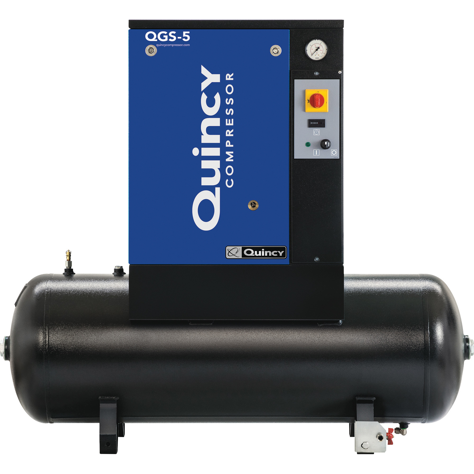 Quincy QGS Rotary Screw Air Compressor, 5 HP, Tri-Voltage: 200-208V, 230V, 460V, 3-Phase, 60-Gallon Horizontal, Model 4152051913