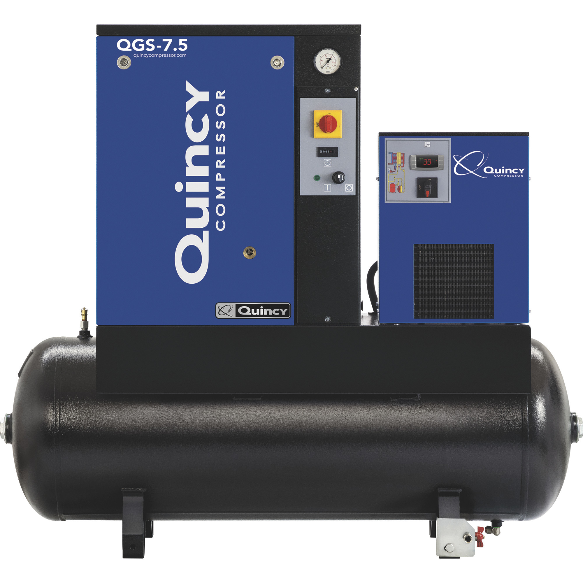 Quincy QGS Rotary Screw Air Compressor with Dryer, 7.5 HP, Tri-Voltage: 200-208V, 230V, 460V, 3-Phase, 60-Gallon Horizontal, Model 4152051917