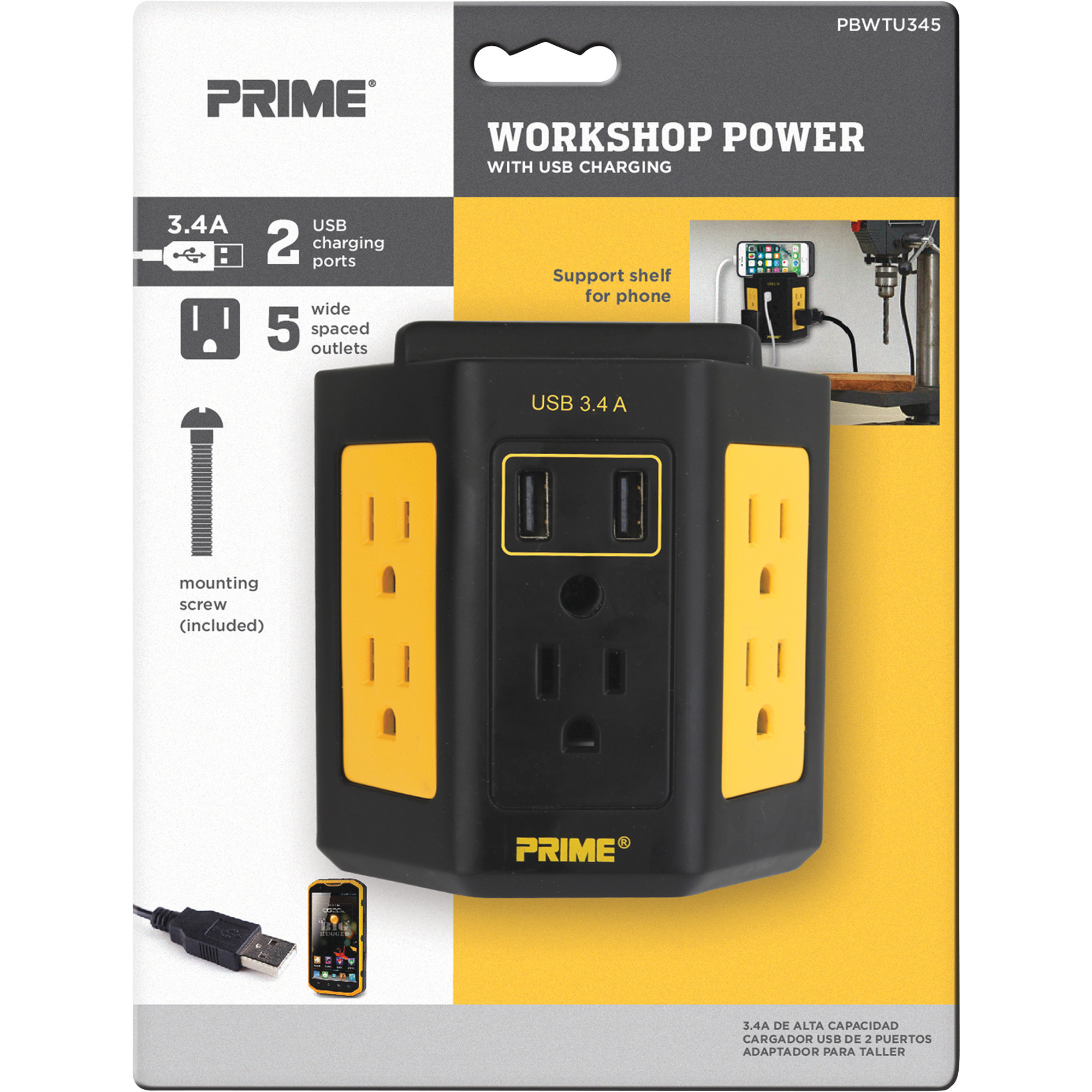 Prime Indoor Power Adapter, 5 Outlets, 2 USB Ports, Model PBWTU345