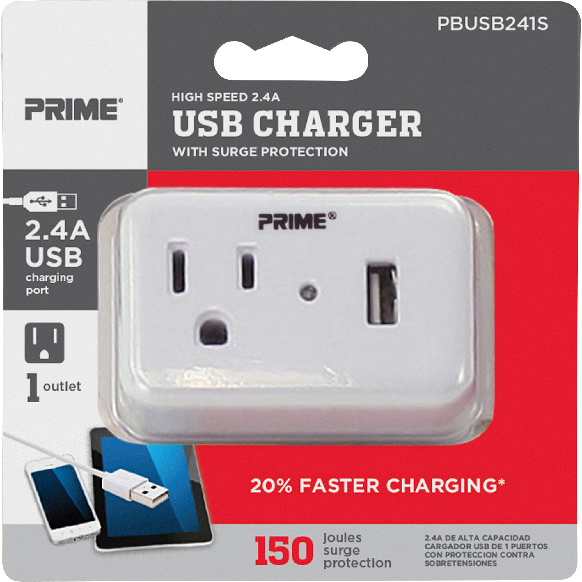 Prime Wire & Cable High-Speed USB Charger, 2.4 Amps, USB Port and AC Outlet, Model PBUSB241S
