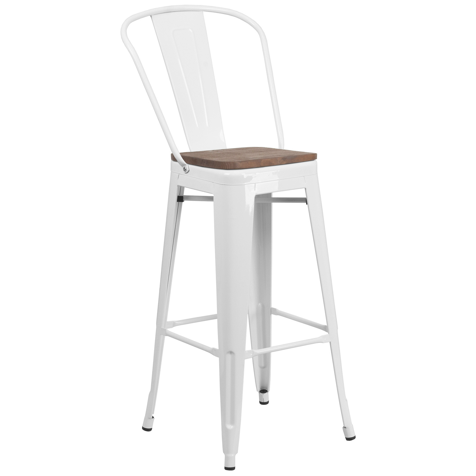 30Inch H Metal Bar Stool with Slat Back and Wood Seat — White, Model - Flash Furniture CH3132030GBWHW