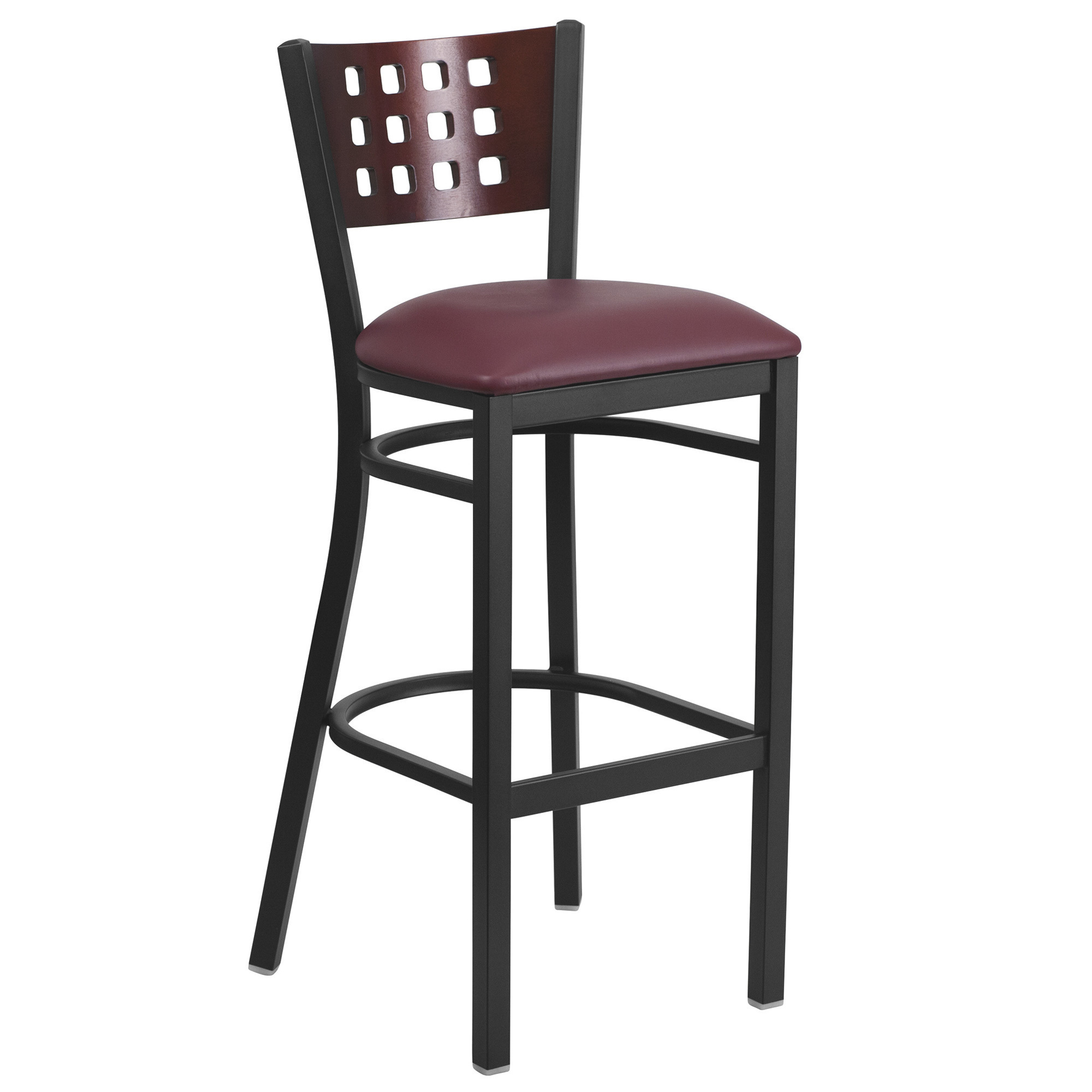 Flash Furniture Black Metal Bar Stool with Wood Cutout Back â Mahogany Finish Back/Burgundy Vinyl Seat, Model XUDG118MAHBBGV