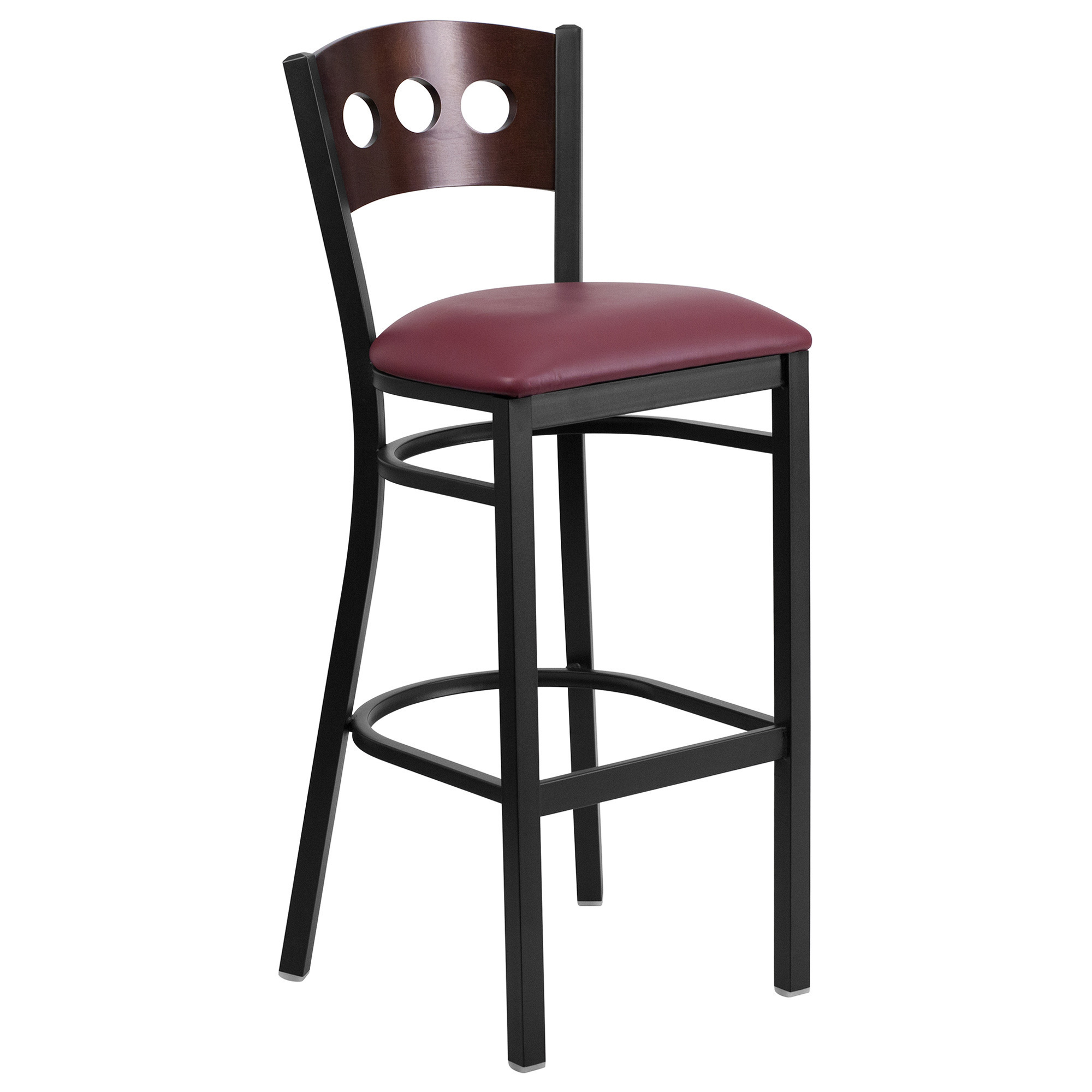 Flash Furniture Black Metal Bar Stool with Wood 3 Circle Back â Walnut Finish Back/Burgundy Vinyl Seat, Model XUDG516WABBGV