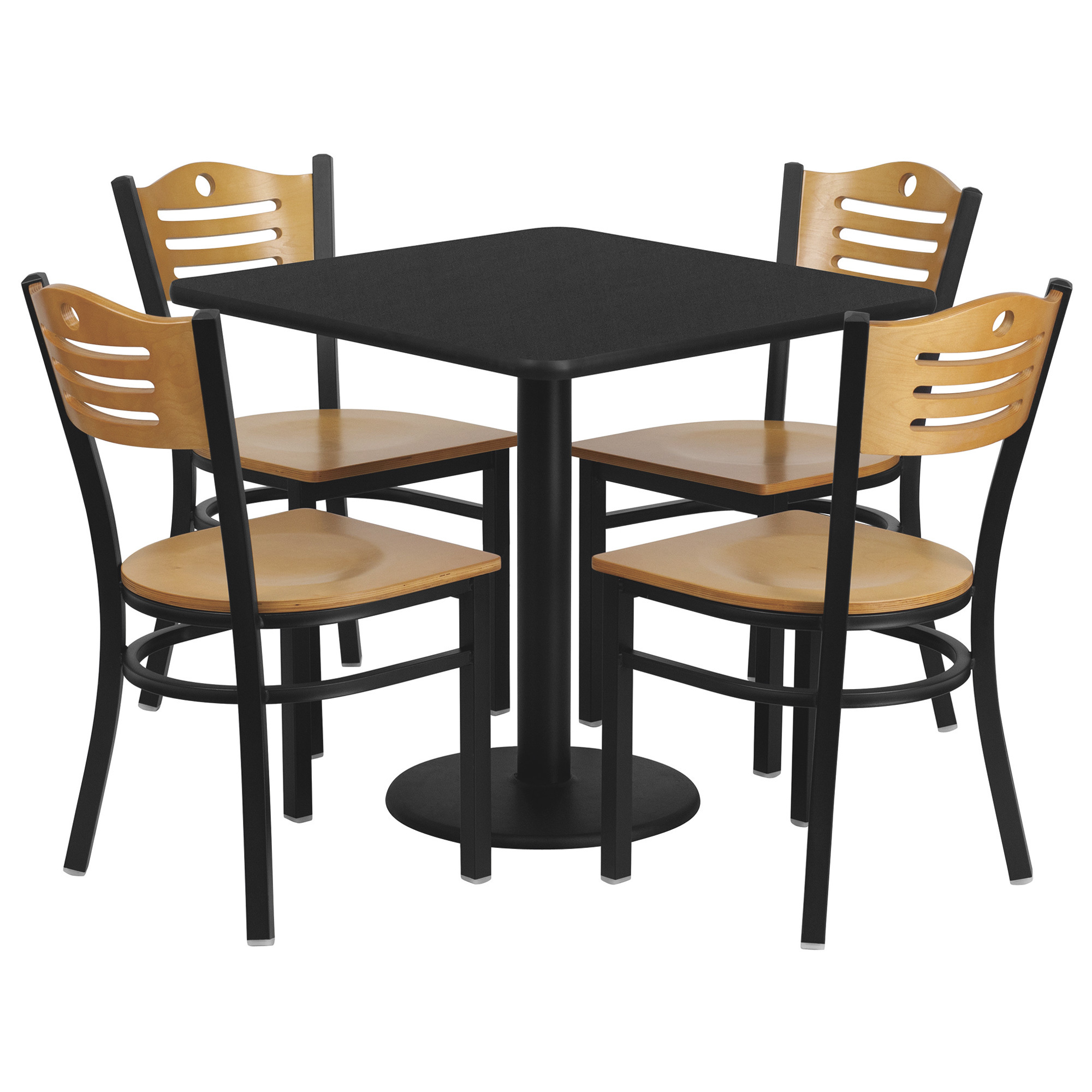 30Inch Square Table and 4-Piece Chair Set — Black Tabletop/Natural Wood Seat, Model - Flash Furniture MD0010