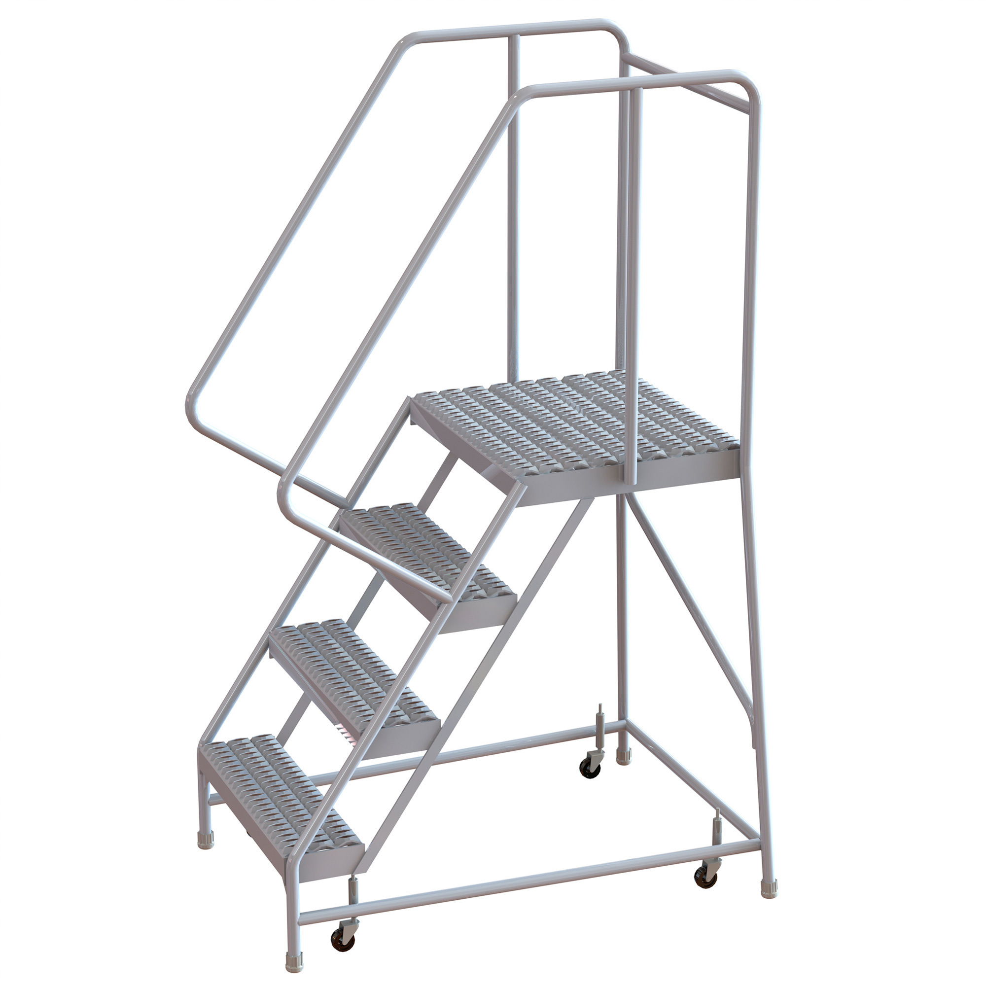 Tri-Arc 4-Step Aluminum Rolling Ladder with Serrated Steps and Spring-Loaded Casters â 24Inch W x 21Inch D Platform, 350-Lb. Capacity, Model