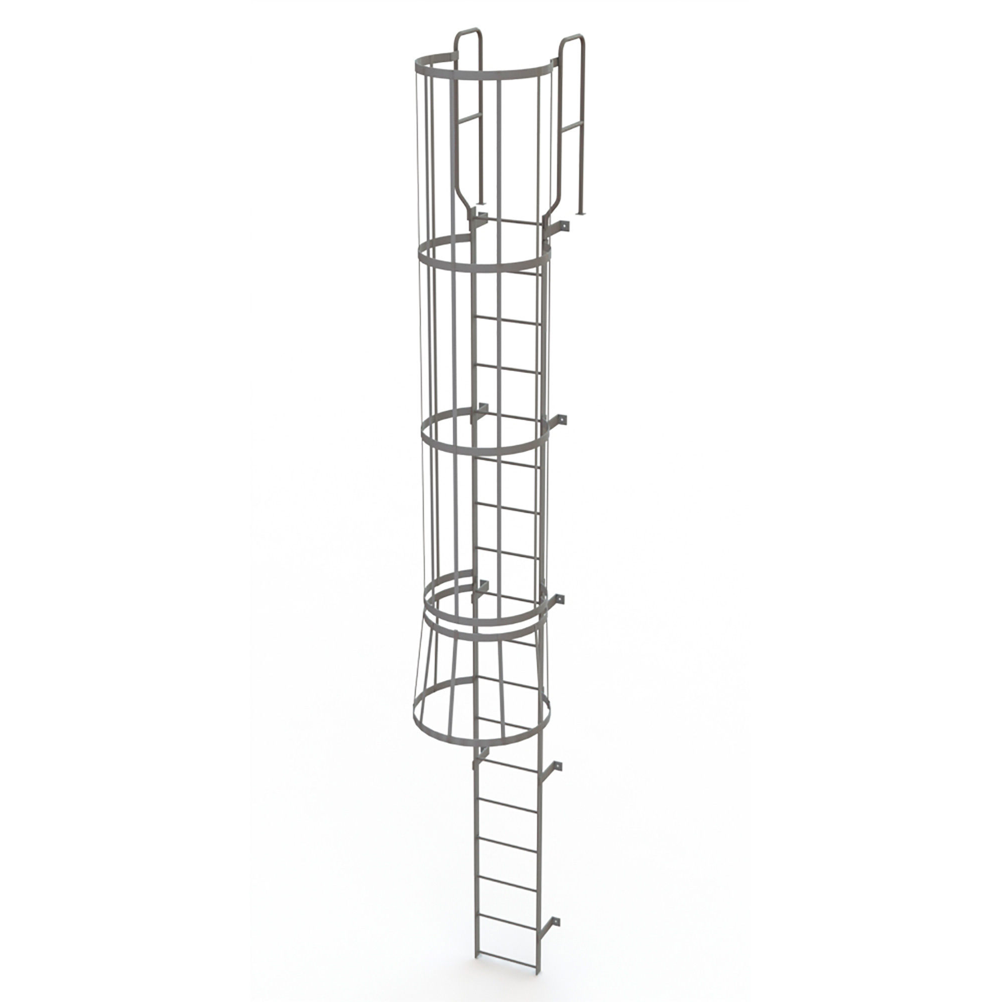 Tri-Arc 17ft., 18-Rung, Steel Fixed Cage Ladder with Walk-Thru Guardrails â Gray, 500-Lb. Capacity, 45.4Inch W x 34.5Inch D x 251 5/8Inch H, Model