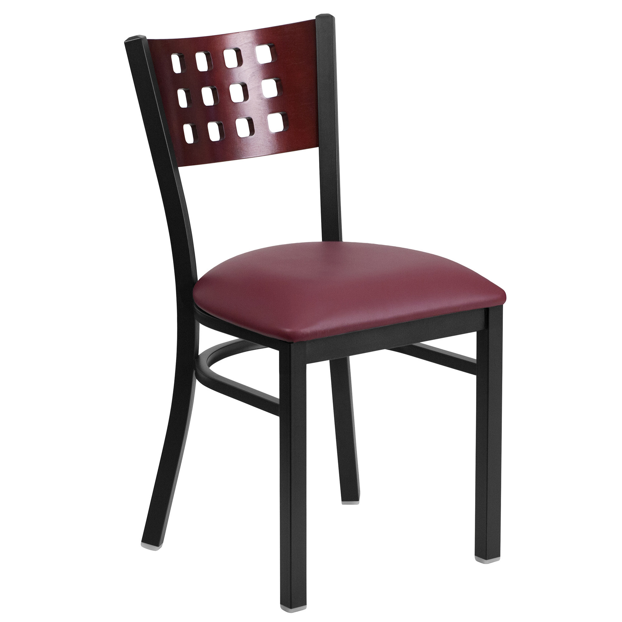 Flash Furniture Black Metal Chair with Wood Cutout Back â Mahogany Wood Back/Burgundy Vinyl Seat, 500-Lb. Capacity, Model XUDG117MAHBGV
