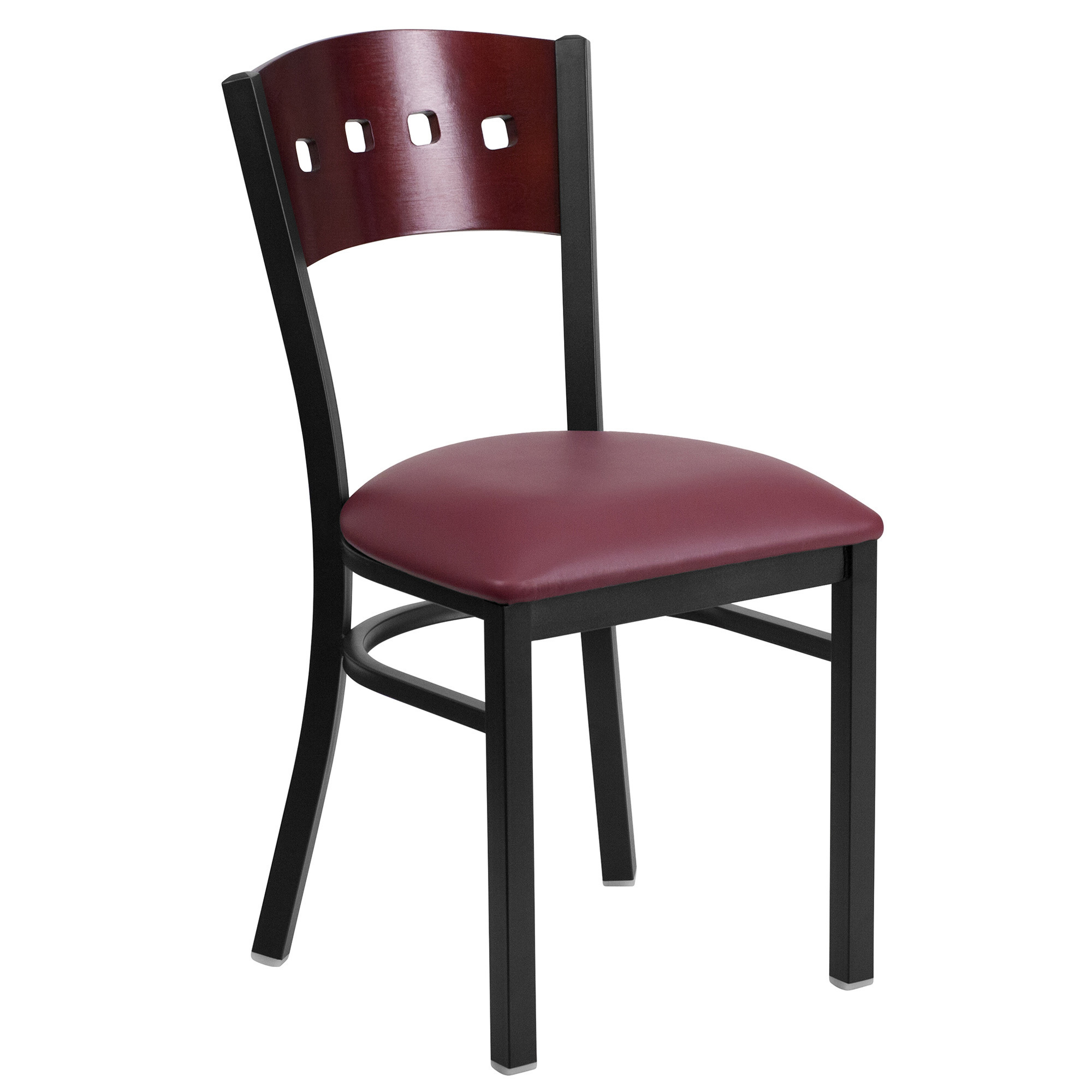 Flash Furniture Metal Chair with 4-Square Cut-Out Back and Padded Vinyl Seat â Mahogany Wood Back/Burgundy Seat/Black Frame, 500-Lb. Capacity, Model