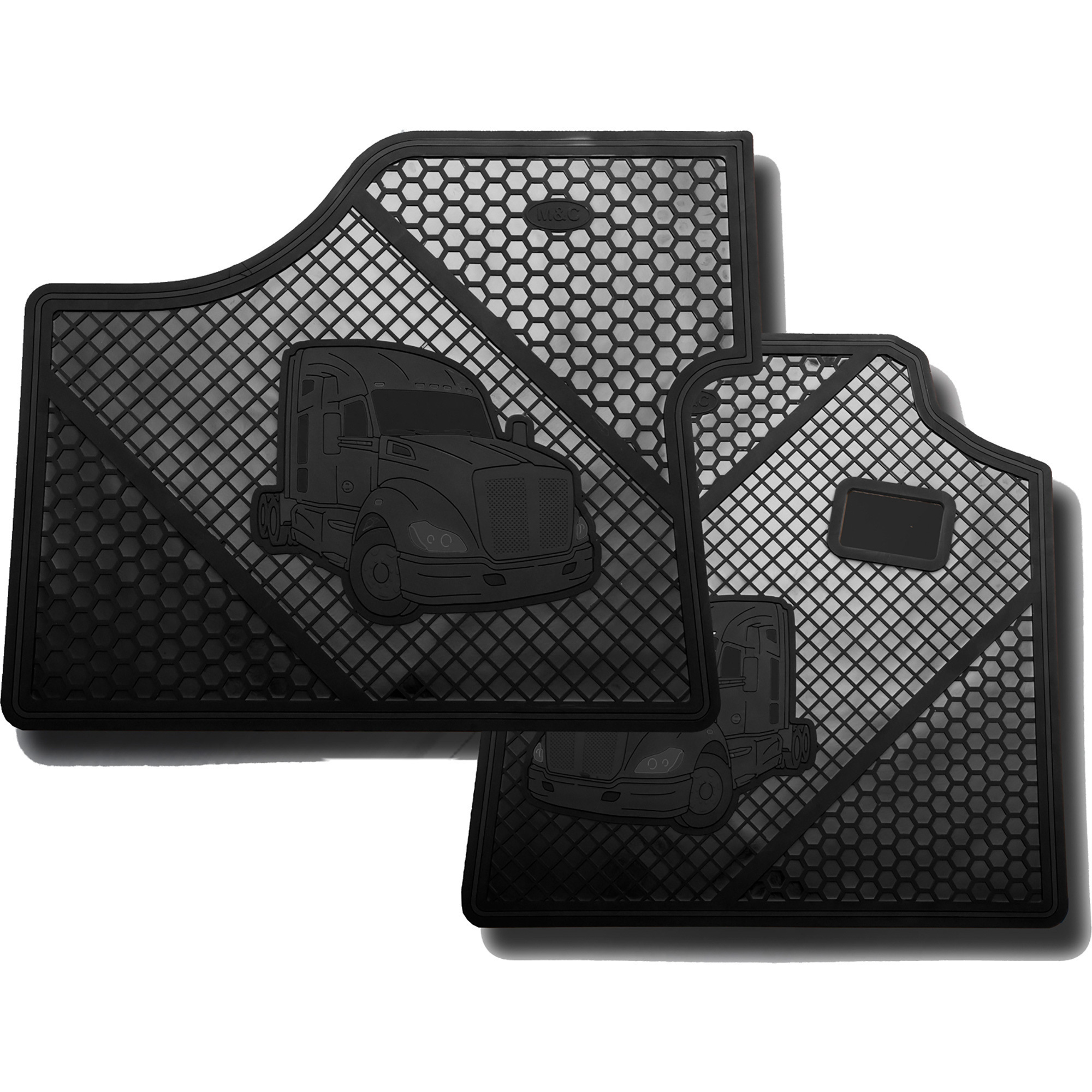 M&C Kenworth/Peterbilt Driver and Passenger Floor Mat Set â 24Inch W x 30Inch H, Black with Black Graphics, Pair