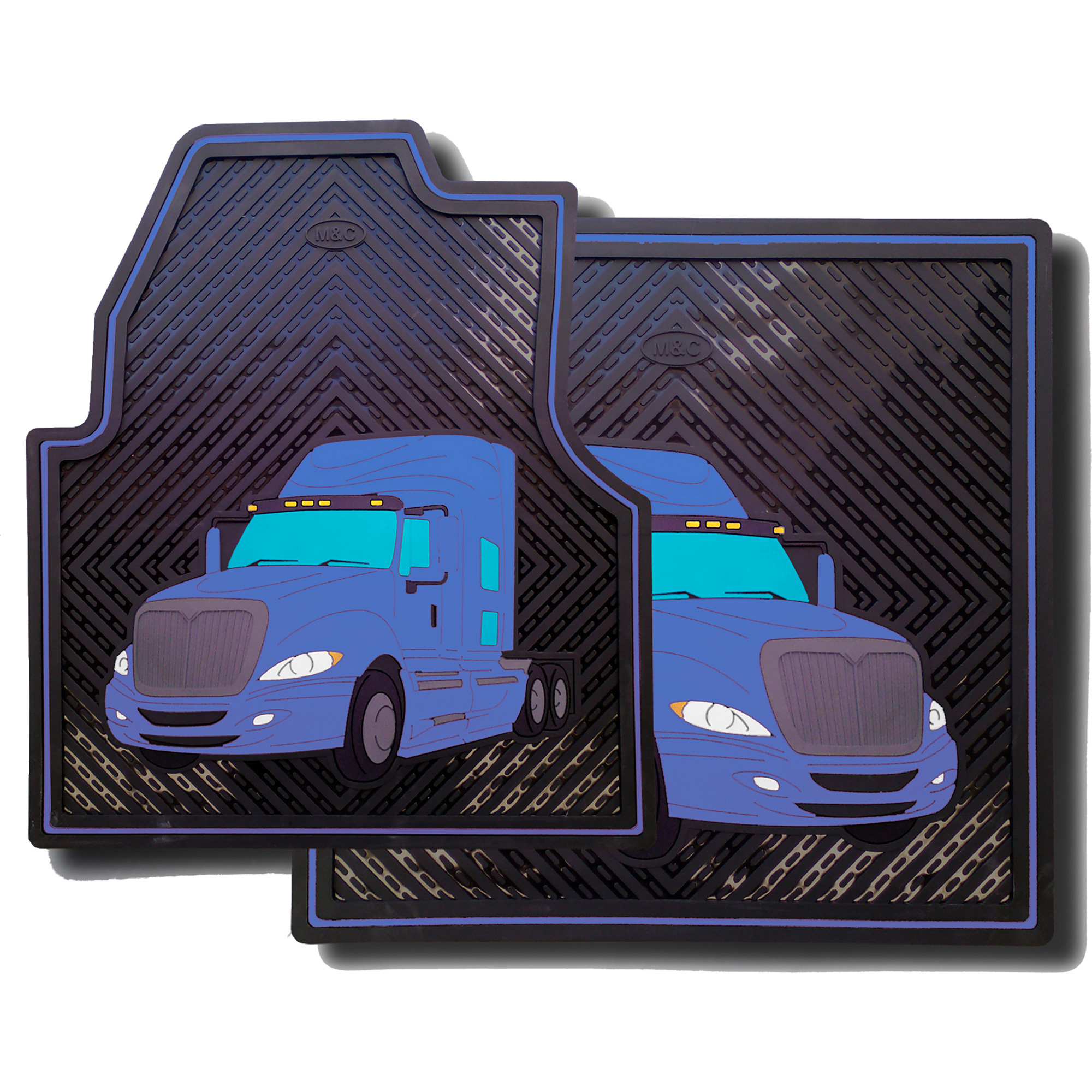 M&C International Prostar/Lonestar Driver and Passenger Floor Mat Set â 24Inch W x 30Inch H, Black with Blue Graphics, Pair