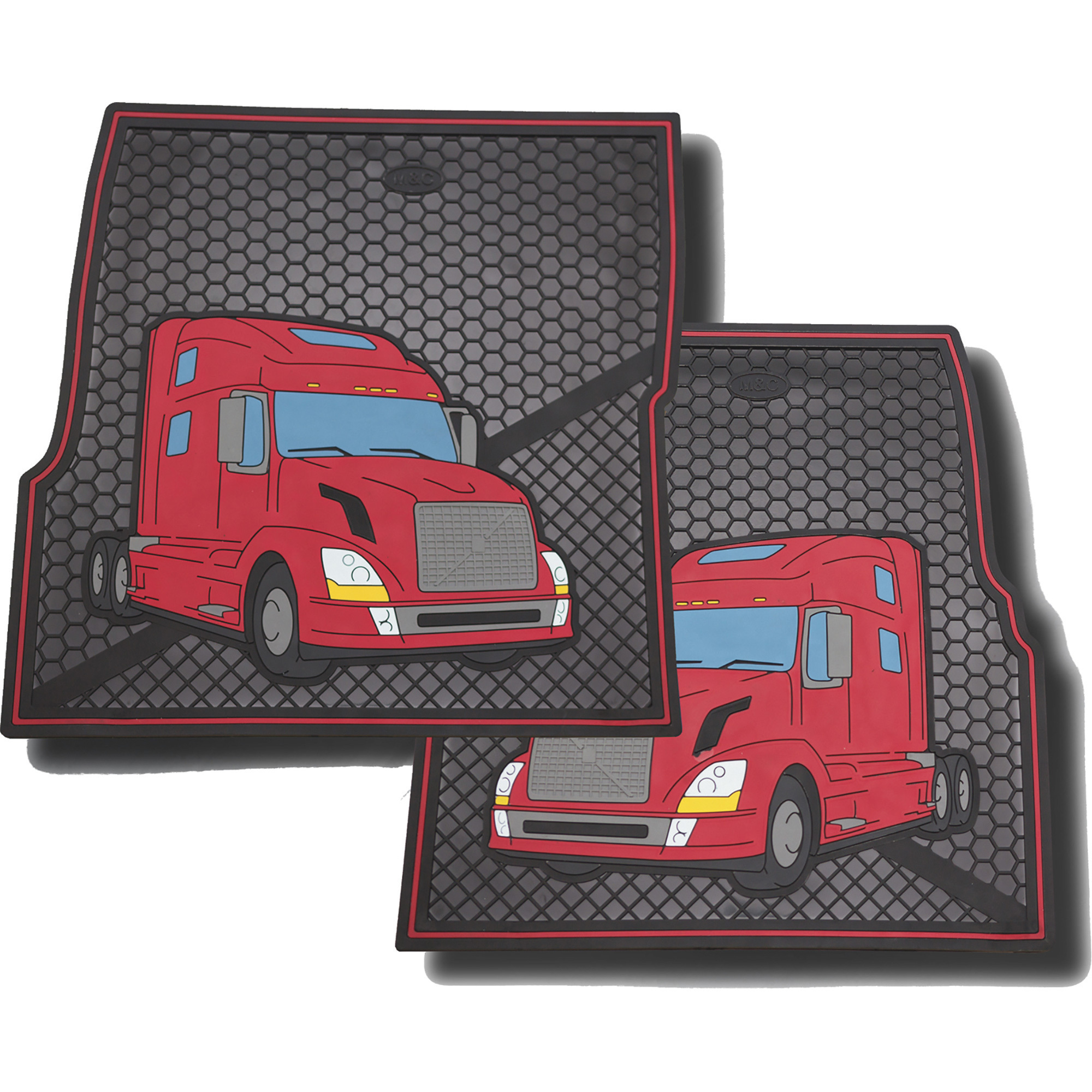 M&C Volvo Truck Driver and Passenger Floor Mat Set â 24Inch W x 30Inch H, Black with Red Graphics, Pair