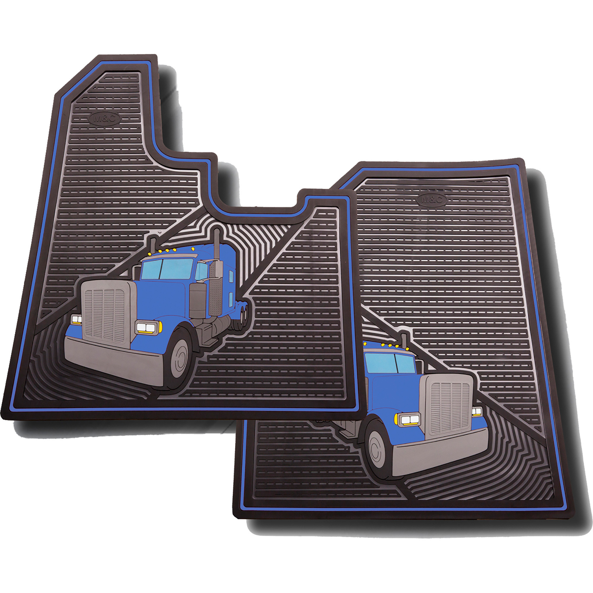M&C Peterbilt Truck 05 Driver and Passenger Floor Mat Set â 24Inch W x 30Inch H, Black with Blue Graphics, Pair