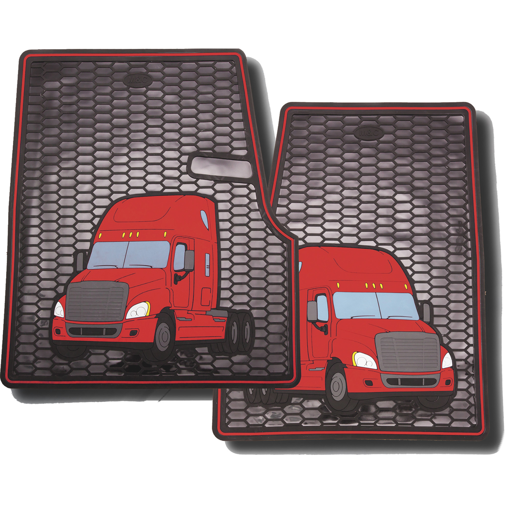 M&C Freightliner Cascadia/Coronodo (08-16) Driver and Passenger Floor Mat Set â 24Inch W x 30Inch H, Black with Red Graphics, Pair