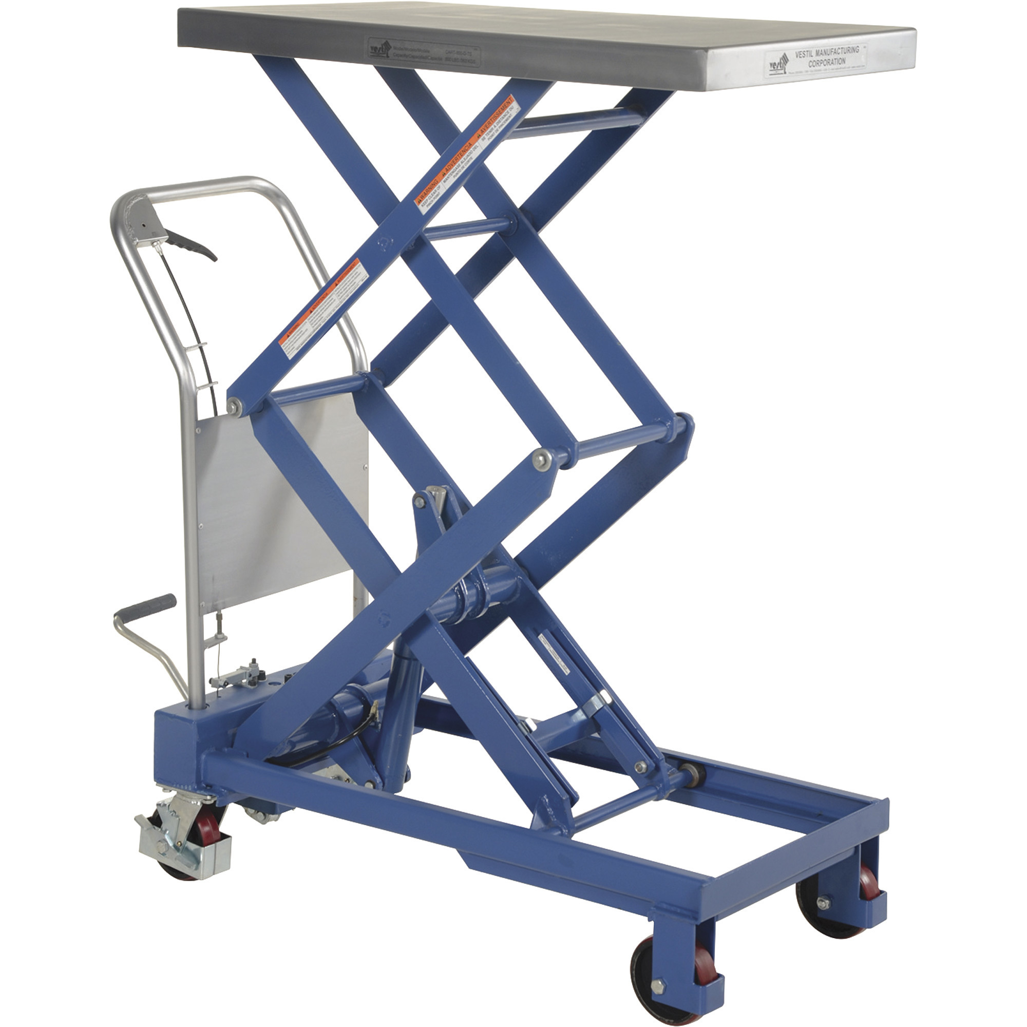 Vestil Hydraulic Elevating Cart, Manual Power, Double Scissor, 800-Lb. Capacity, 20Inch x 35 1/2Inch Platform, Model CART-800-D-TS