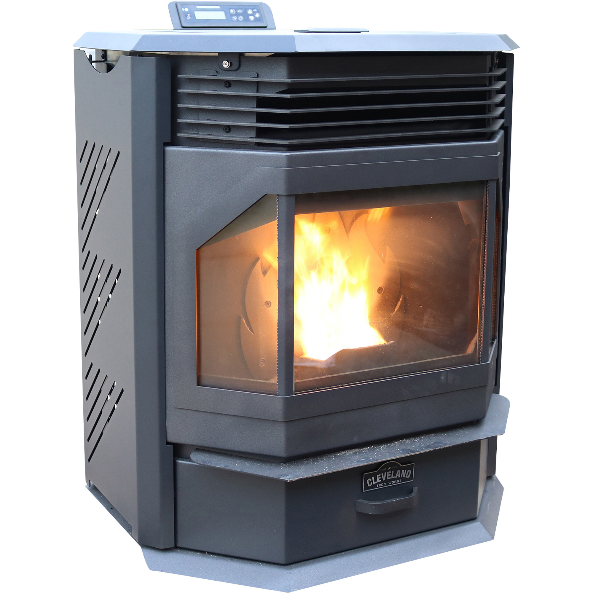 Cleveland Iron Works Bay Front Pellet Stove with Smart Home Technology, 49,259 BTU, EPA Certified, Model PSBF66W-CIW