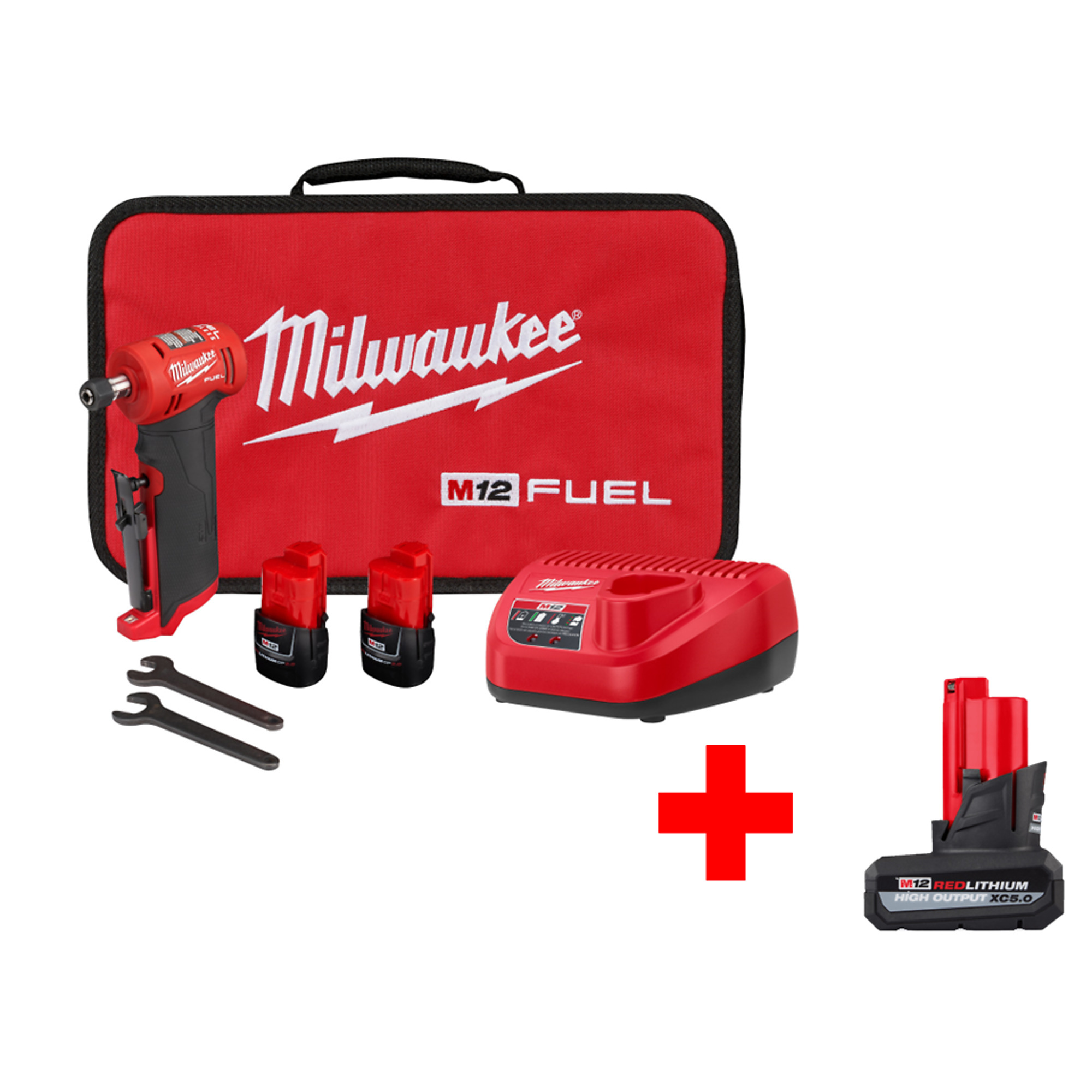 Milwaukee M12 FUEL Cordless 1/4Inch Right Angle Die Grinder Kit, Two Batteries, Model 2485-22