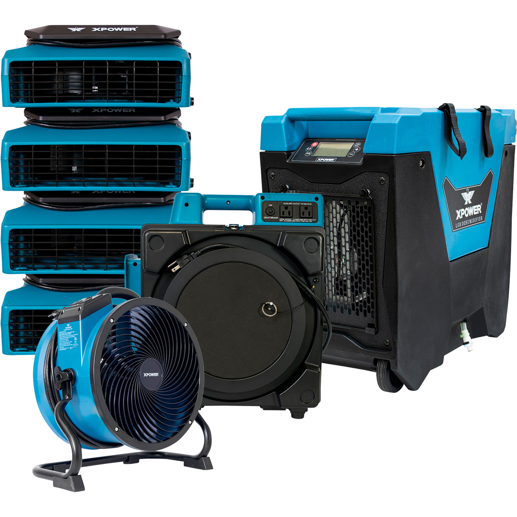 XPOWER 7-Piece Water Contractor Pack, (4) Low-Profile Air Movers, (1) Axial Air Mover, (1) Commercial Mini Air Scrubber and (1) Commercial LGR