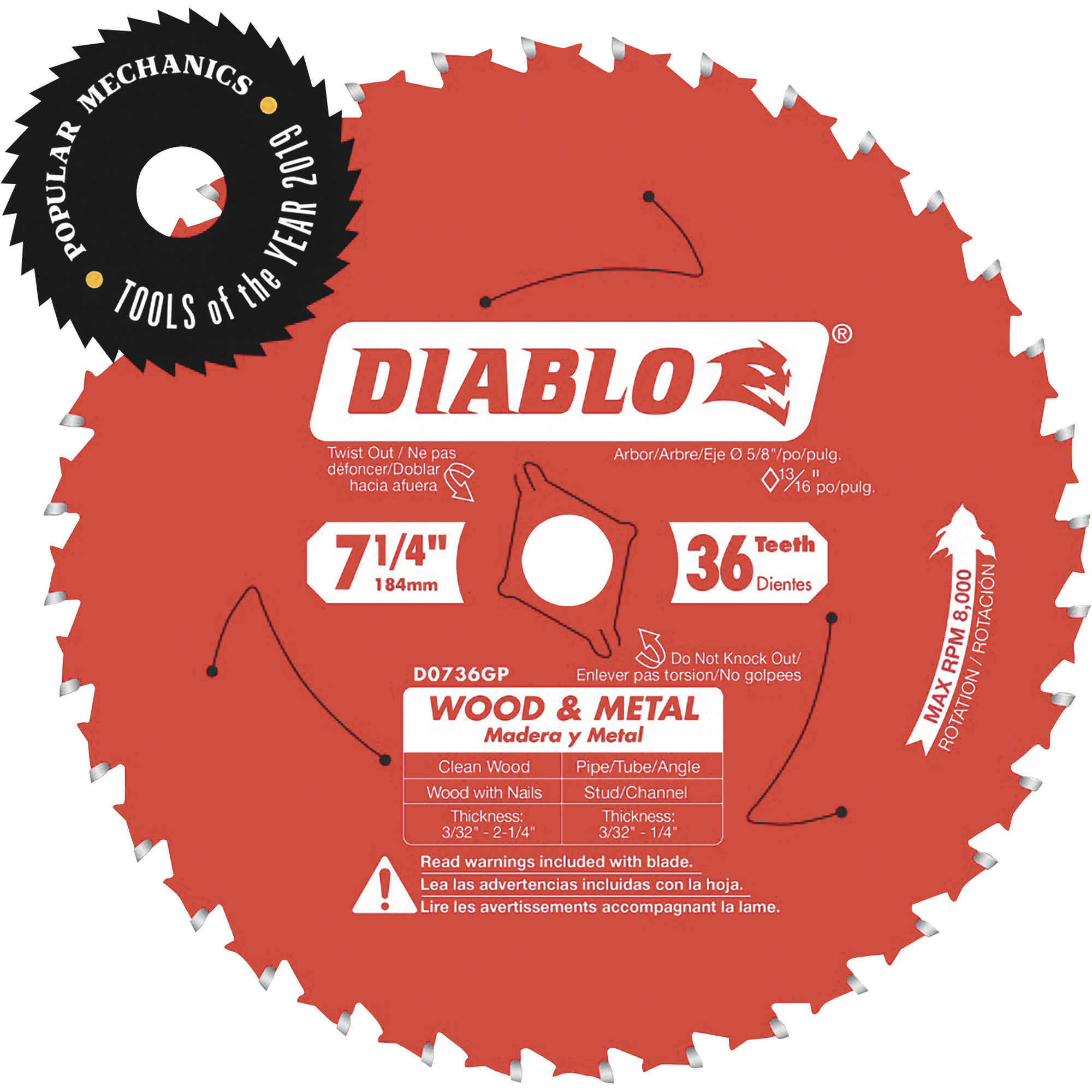 Diablo Steel Demon Multi-Purpose Carbide Circular Saw Blade, 7 1/4Inch, 36 Tooth, For Wood and Metal, Model DO736GPX