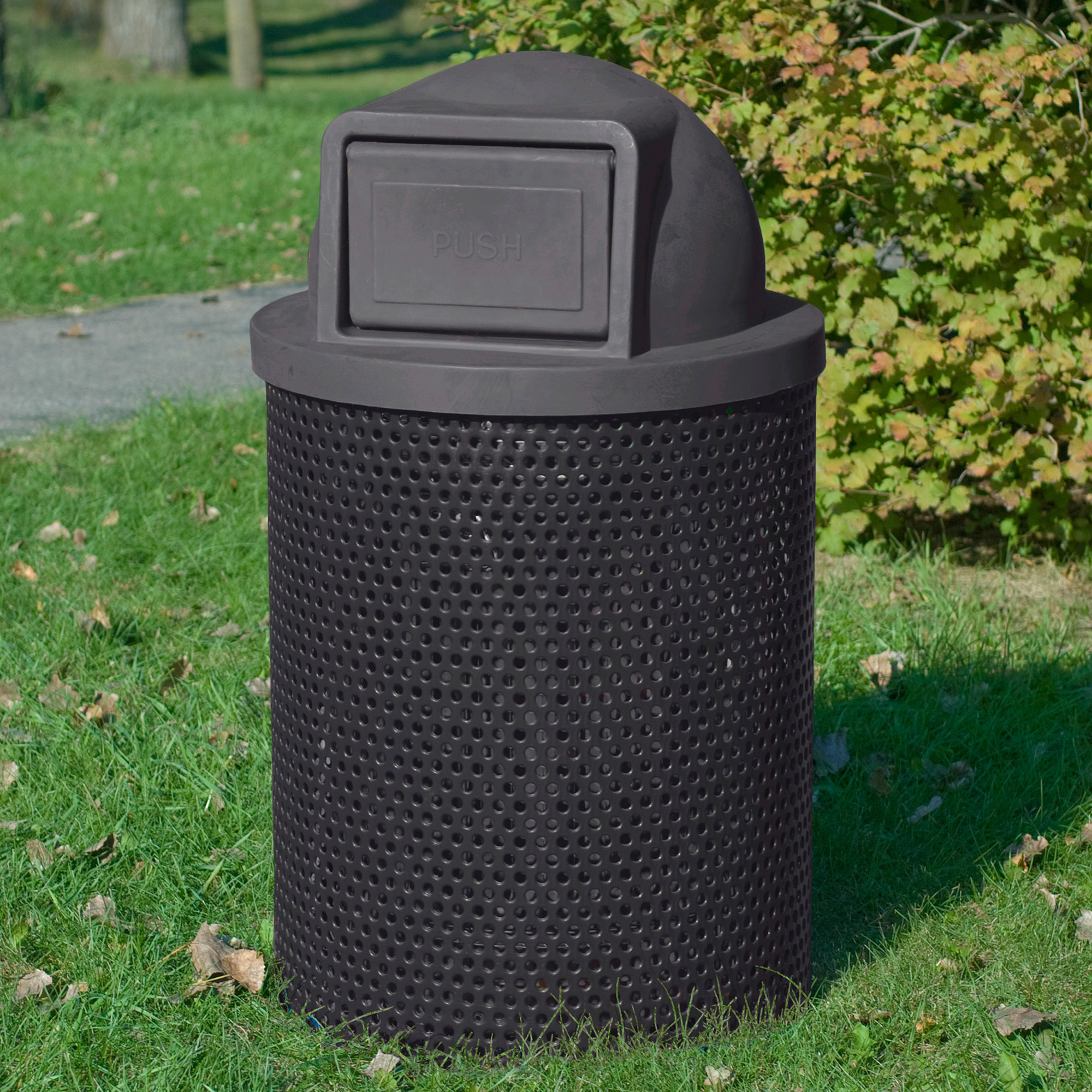 Pilot Rock Round Perforated Steel Trash Receptacle with Plastic Dome Lid â Black, 28Inch Diameter x 42Inch H, Model CN-R/RU-32