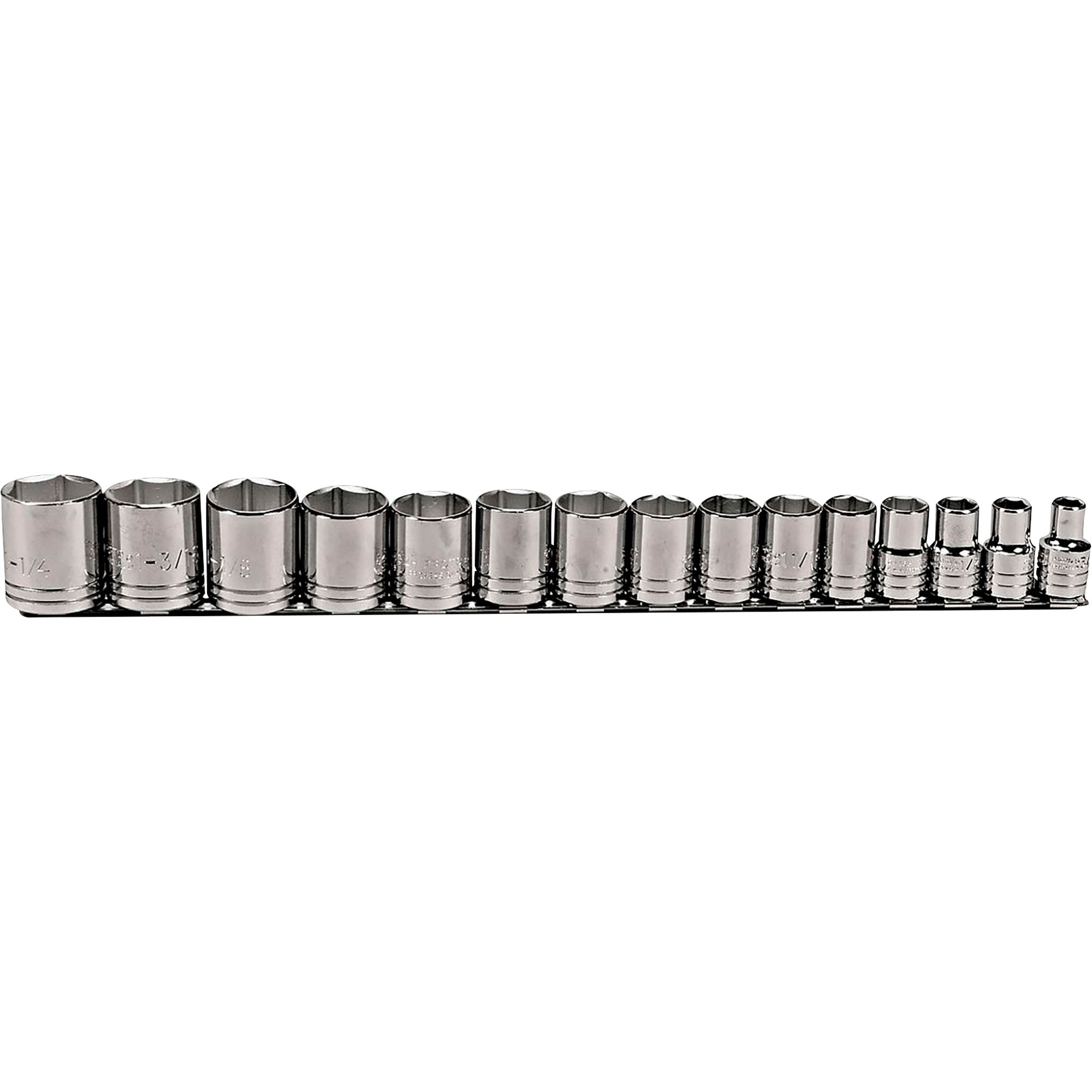 Proto 1/2Inch Drive 6 Point Socket Set with Bar and Clips, 15-Piece, Model J54110