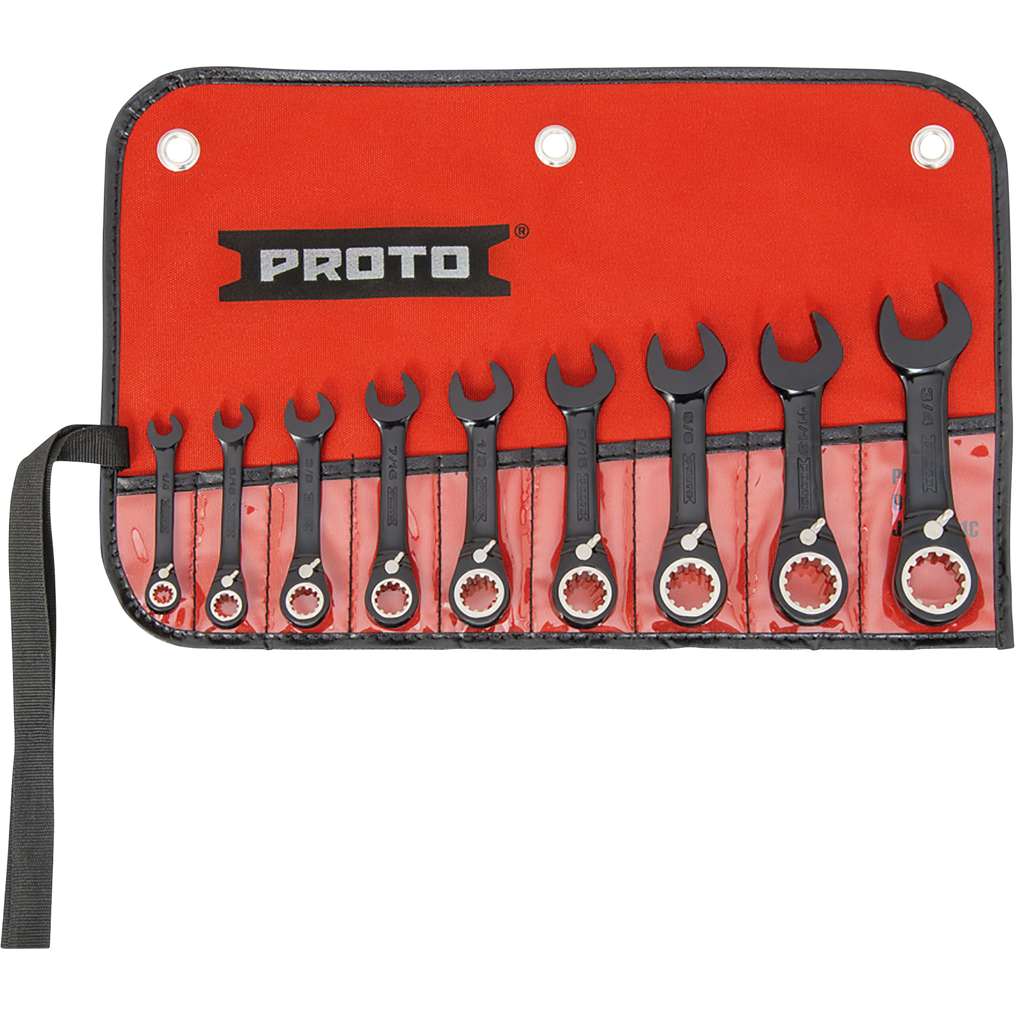 Proto Combination Stubby Reversible Ratcheting Wrench Set, 9-Piece, SAE, Black Chrome Finish, Model JSCVS-9S