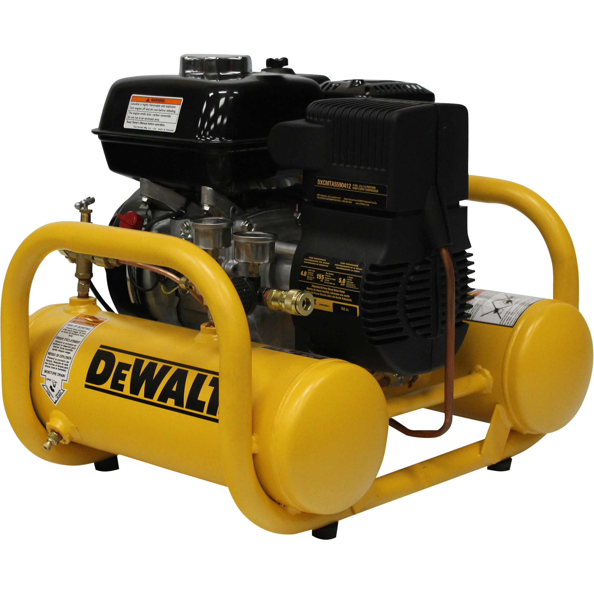 DEWALT 155 PSI, 4-Gallon Pontoon Gas-Powered Air Compressor â Honda GX160 Engine, Model DXCMTA5590412.SAN