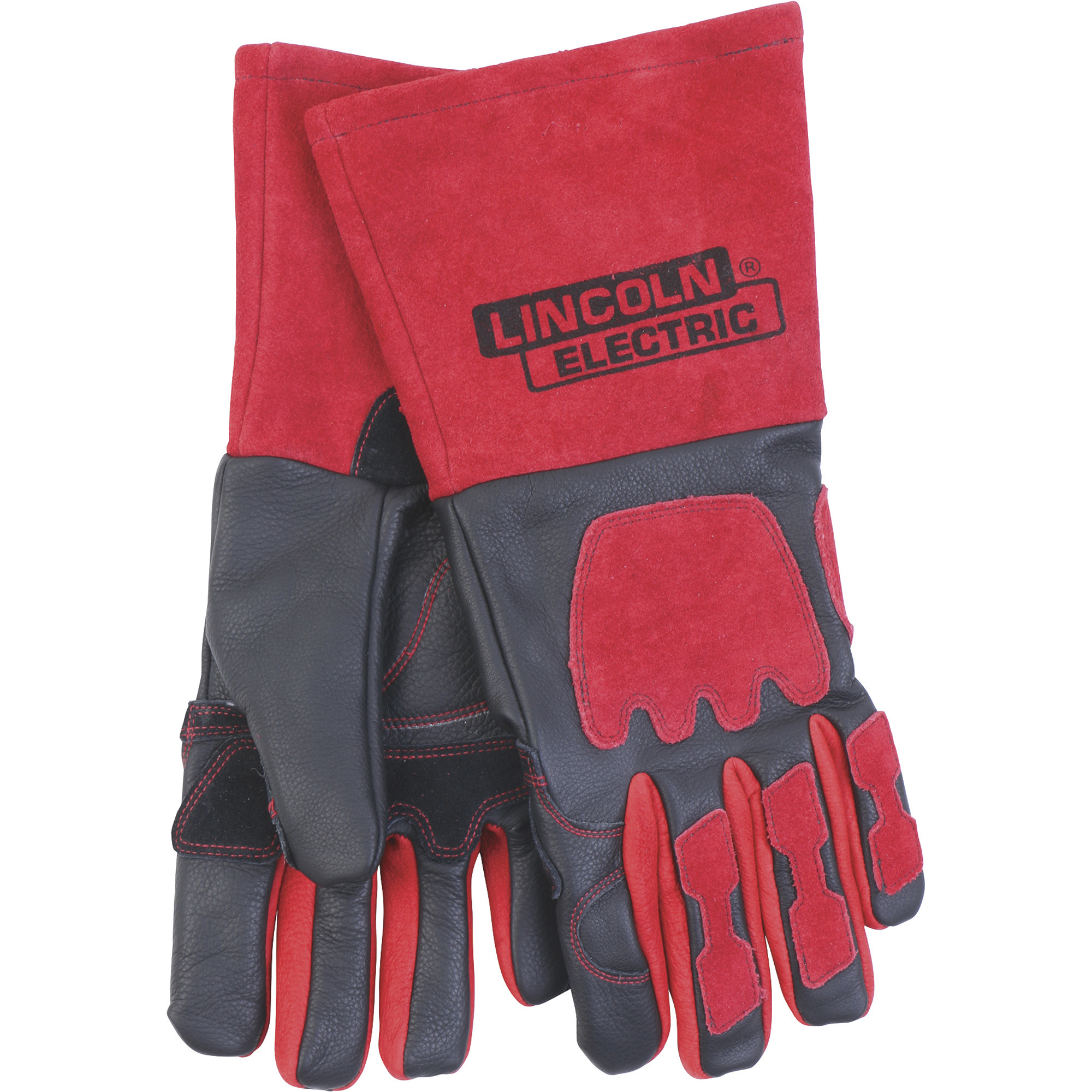 Lincoln Electric Premier Leather Welding Gloves, Red and Black, One Size Fits Most, Pair, Model KH962