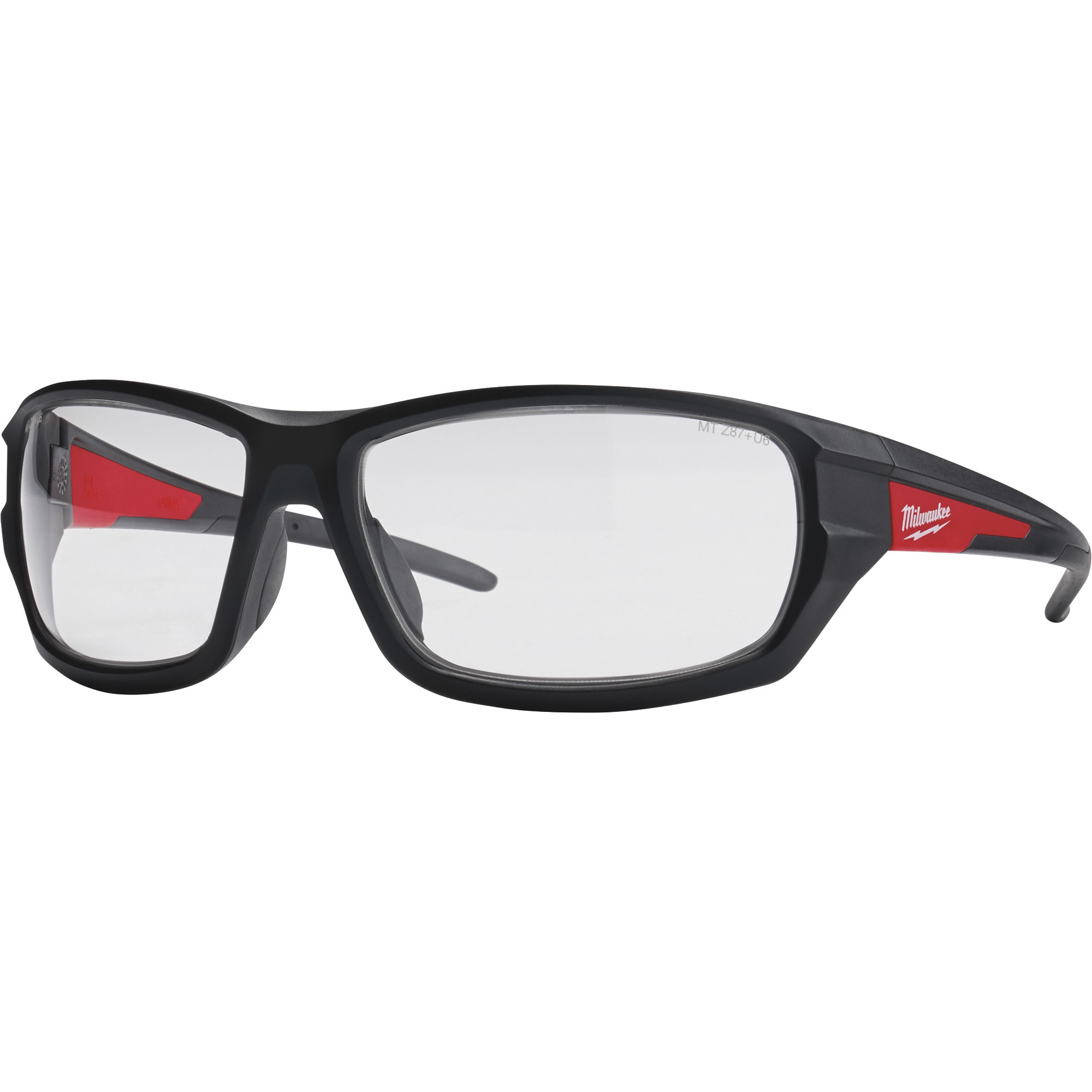 Milwaukee Indoor/Outdoor Safety Glasses with Military Grade Protection, Clear Lenses, Black/Red Frames, Model 48-73-2020
