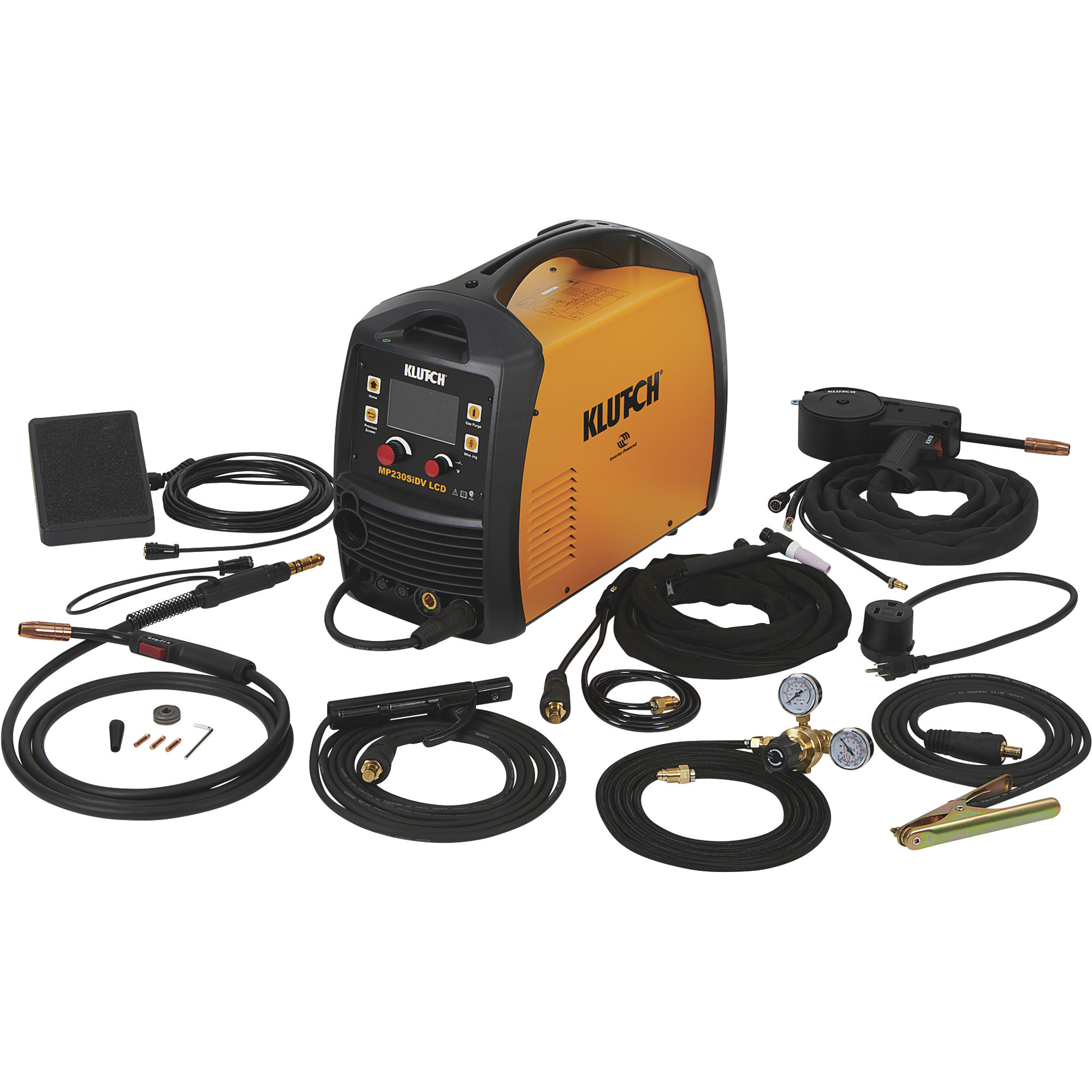Klutch MP230SiDV LCD Flux-Core/MIG Welder with Multi-Processes, Spool Gun, LCD Display and Dual-Voltage Plug â Inverter, MIG, Flux-Core, Arc and TIG