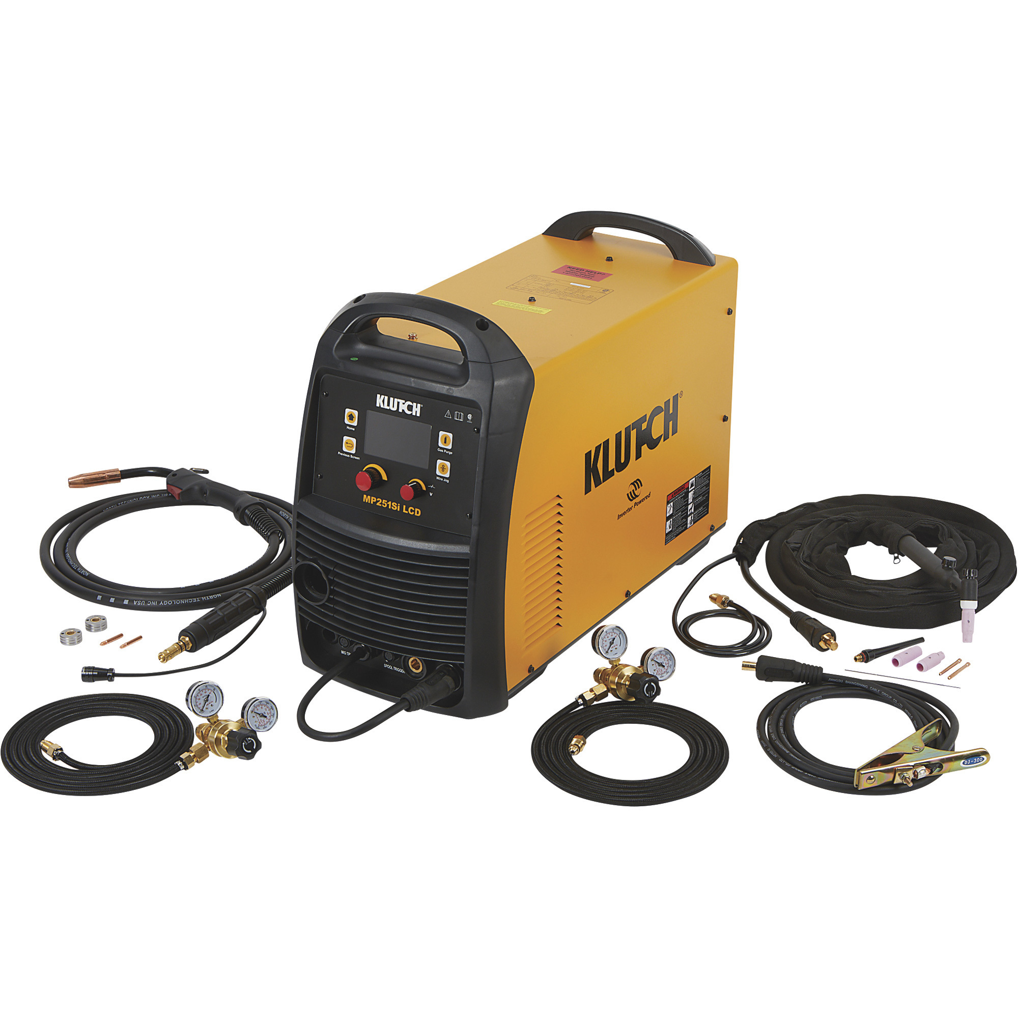 Klutch Inverter-Powered Multi-Process Welder with LCD, MIG Torch and Lift Start TIG Torch â Inverter, MIG, Flux-Core, Stick and TIG, 230V, 15â250