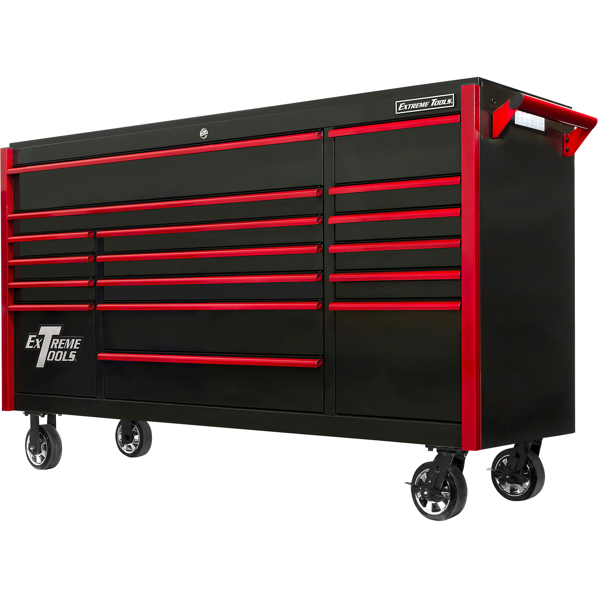 Extreme Tools DX Series 72Inch 17-Drawer Triple Bank Roller Cabinet â 72Inch W x 21Inch D x 42.7Inch H, Black/Red, Model DX722117RCBKRD