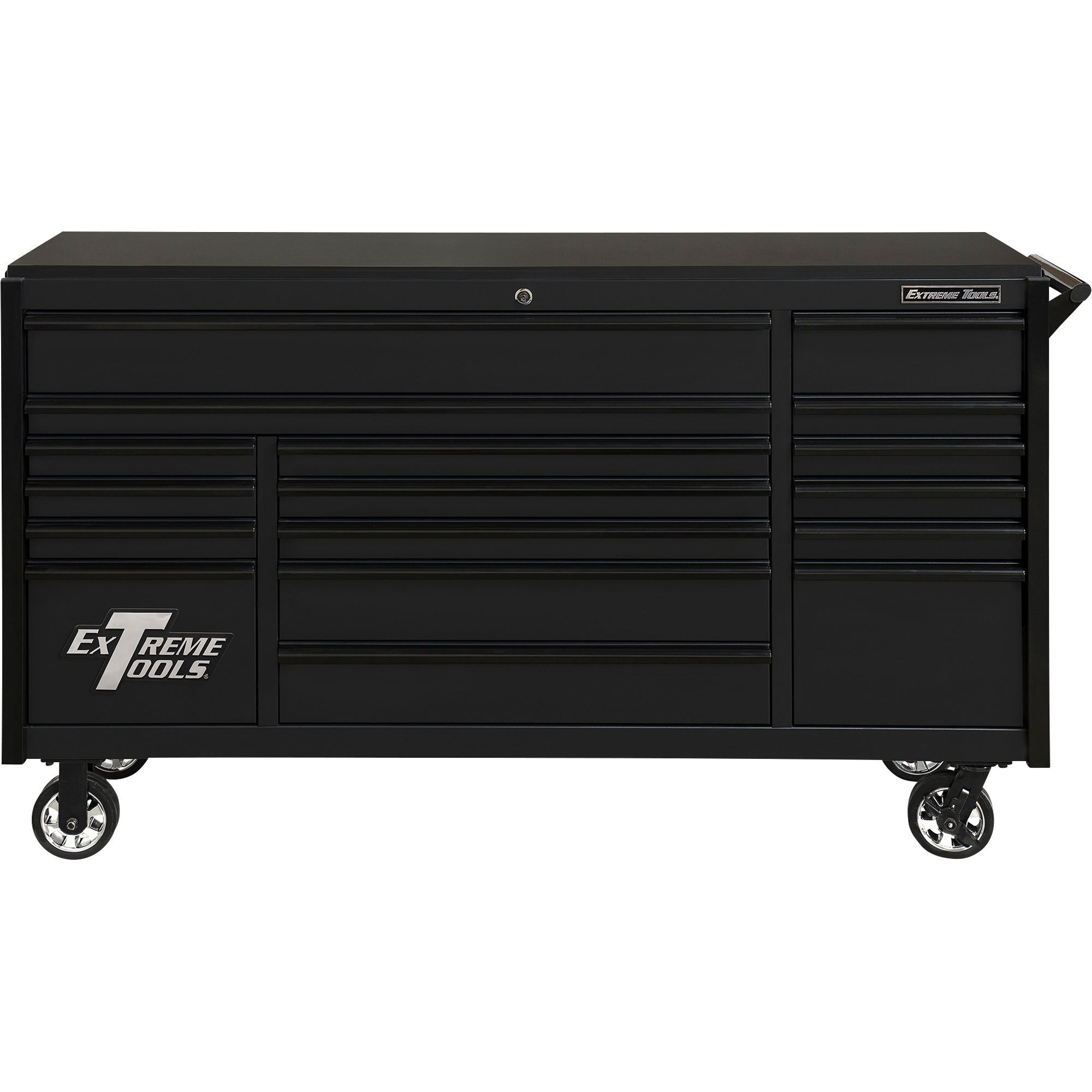 DX Series 72Inch 17-Drawer Triple Bank Roller Cabinet — 72Inch W x 21Inch D x 42.7Inch H, Matte Black/Black, Model - Extreme Tools DX722117RCMBBK